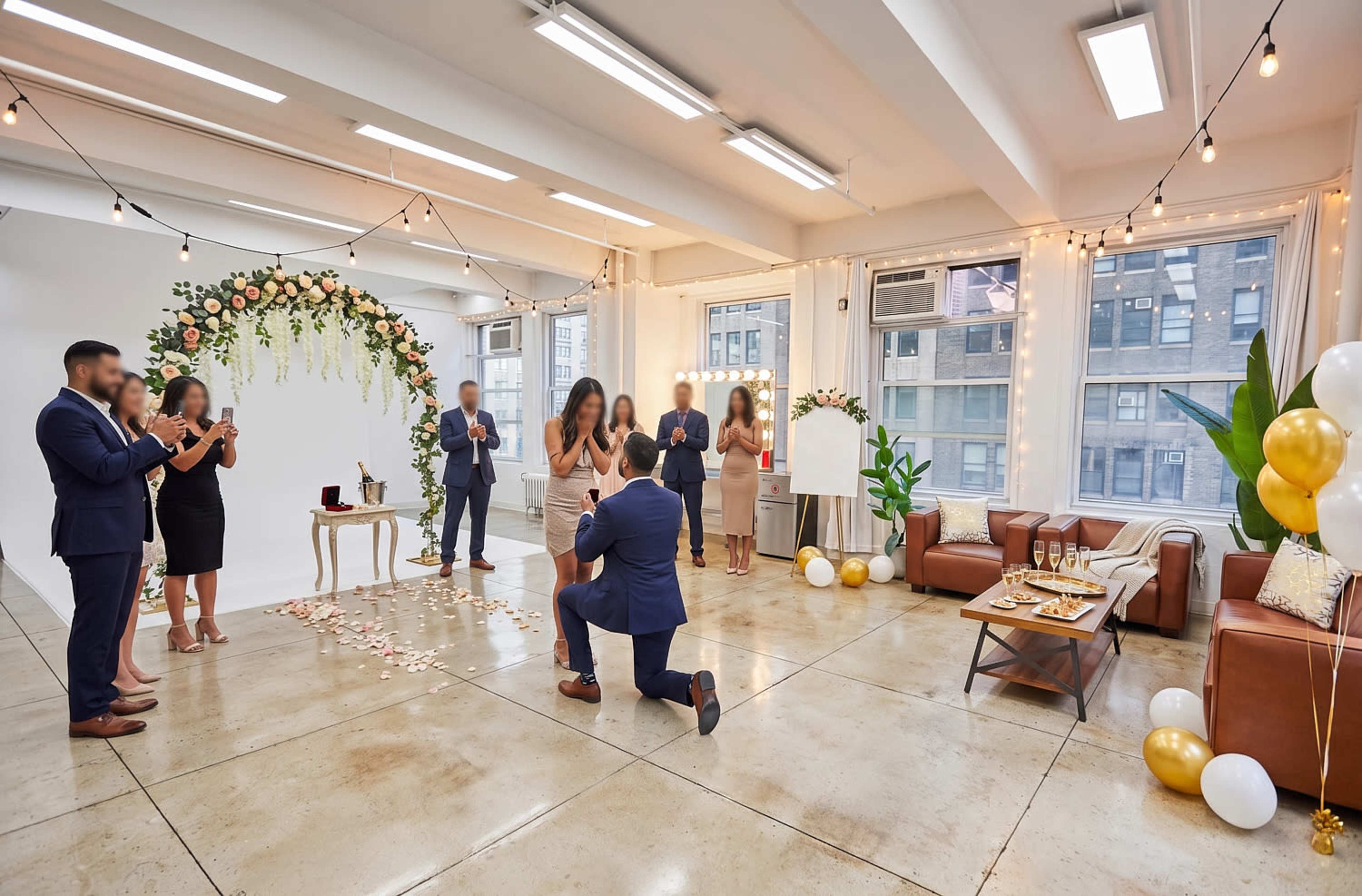 A man kneels in front of a woman in a decorated indoor space, while friends and family watch in celebration of a proposal.