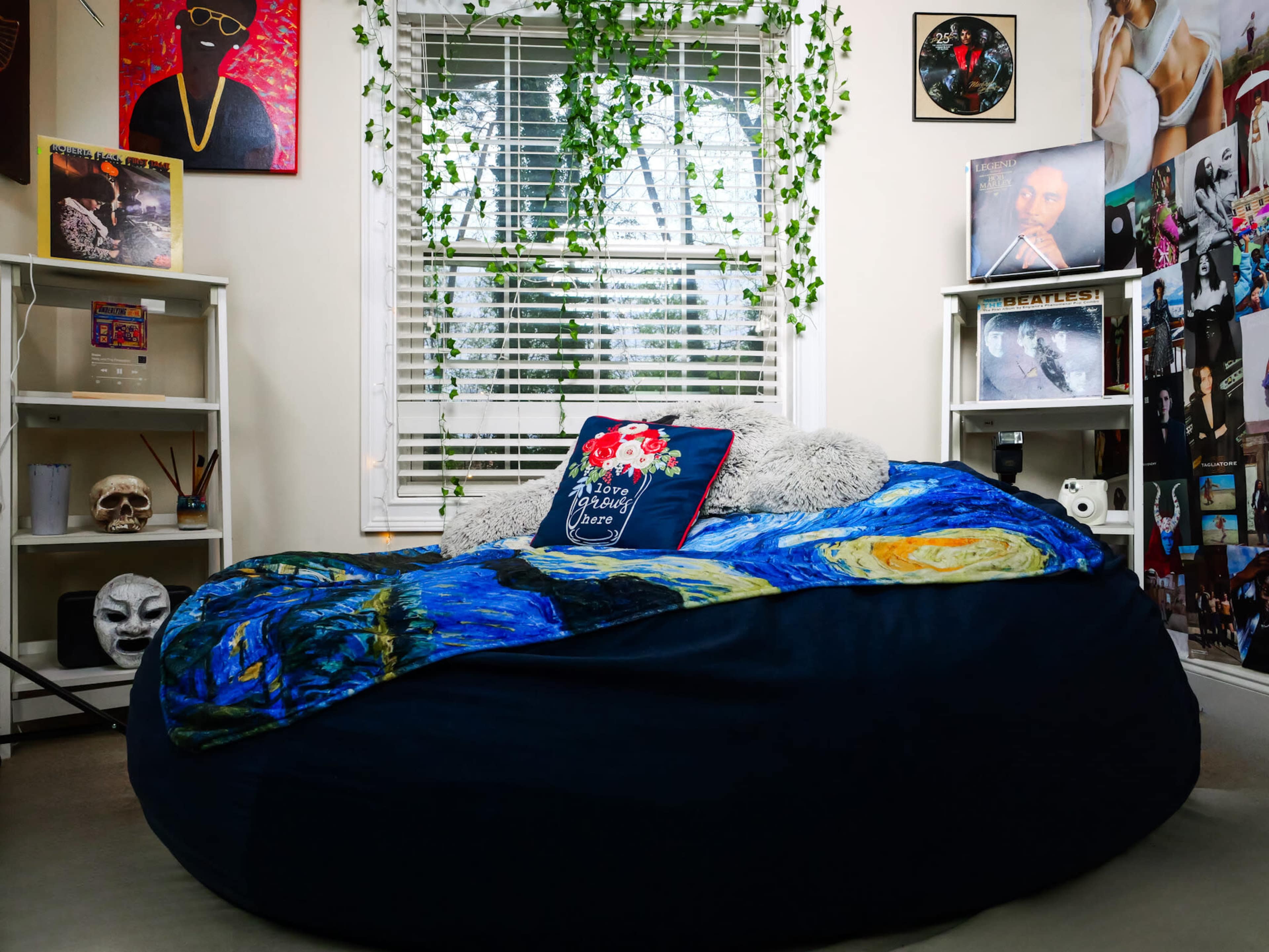 The image shows a cozy, round bean bag chair adorned with a colorful blanket and decorative pillows, set against a wall decorated with various framed records and a potted plant near the window.