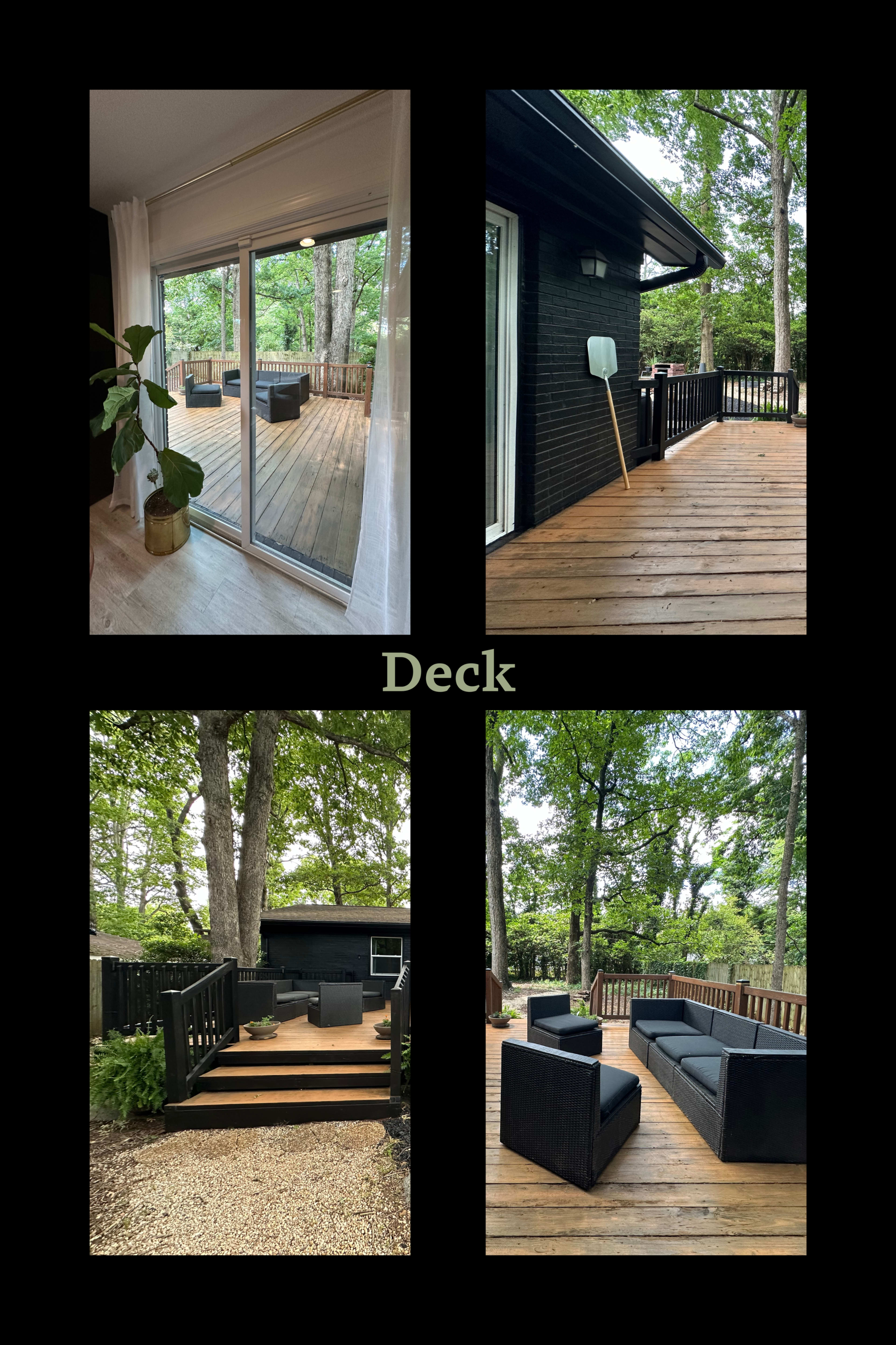 The image features a wooden deck surrounded by trees, showcasing various views including outdoor seating and access points.