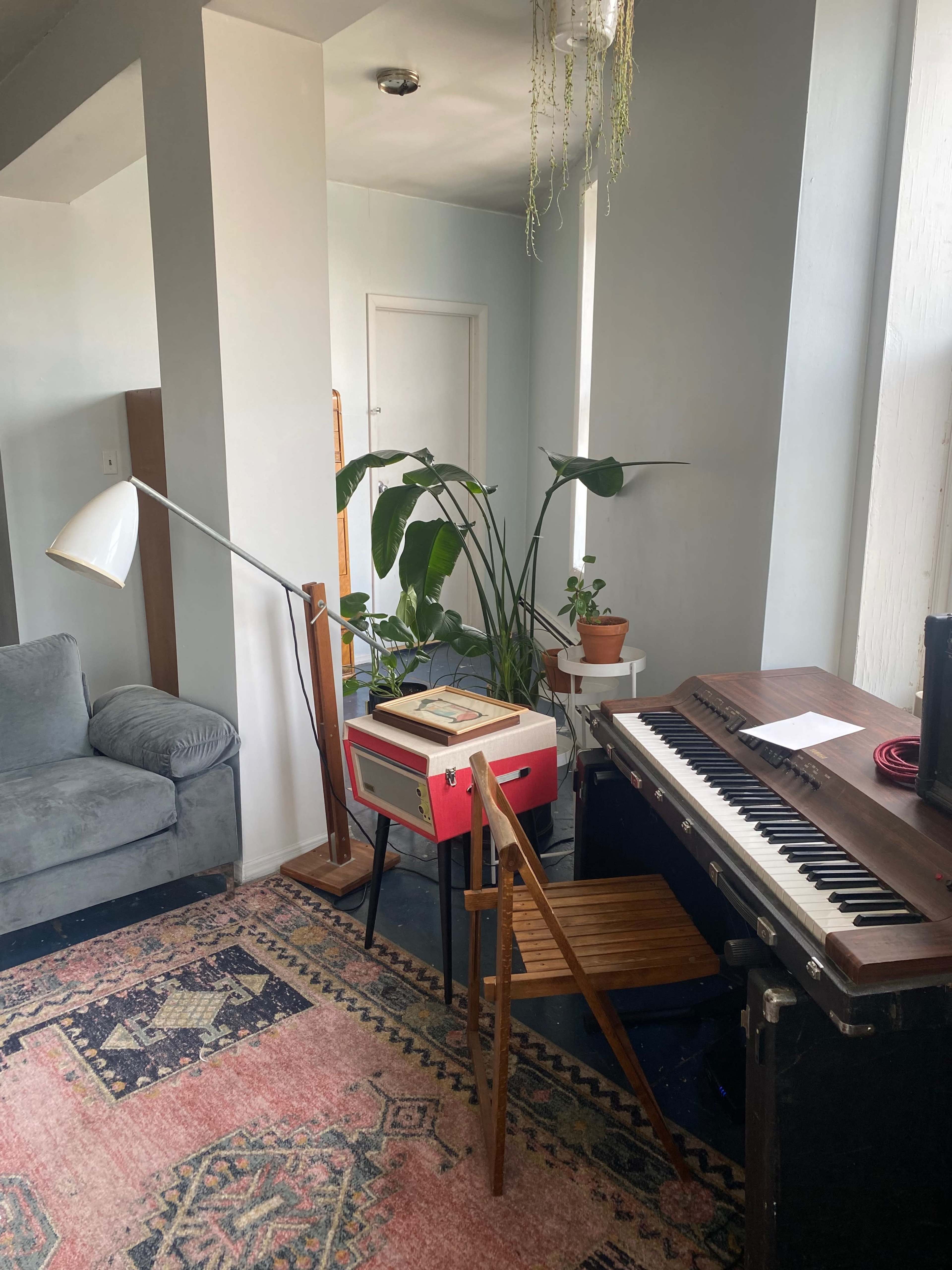 A cozy living space featuring a gray sofa, a red vintage record player, a wooden keyboard, potted plants, and a floor lamp on a patterned rug.
