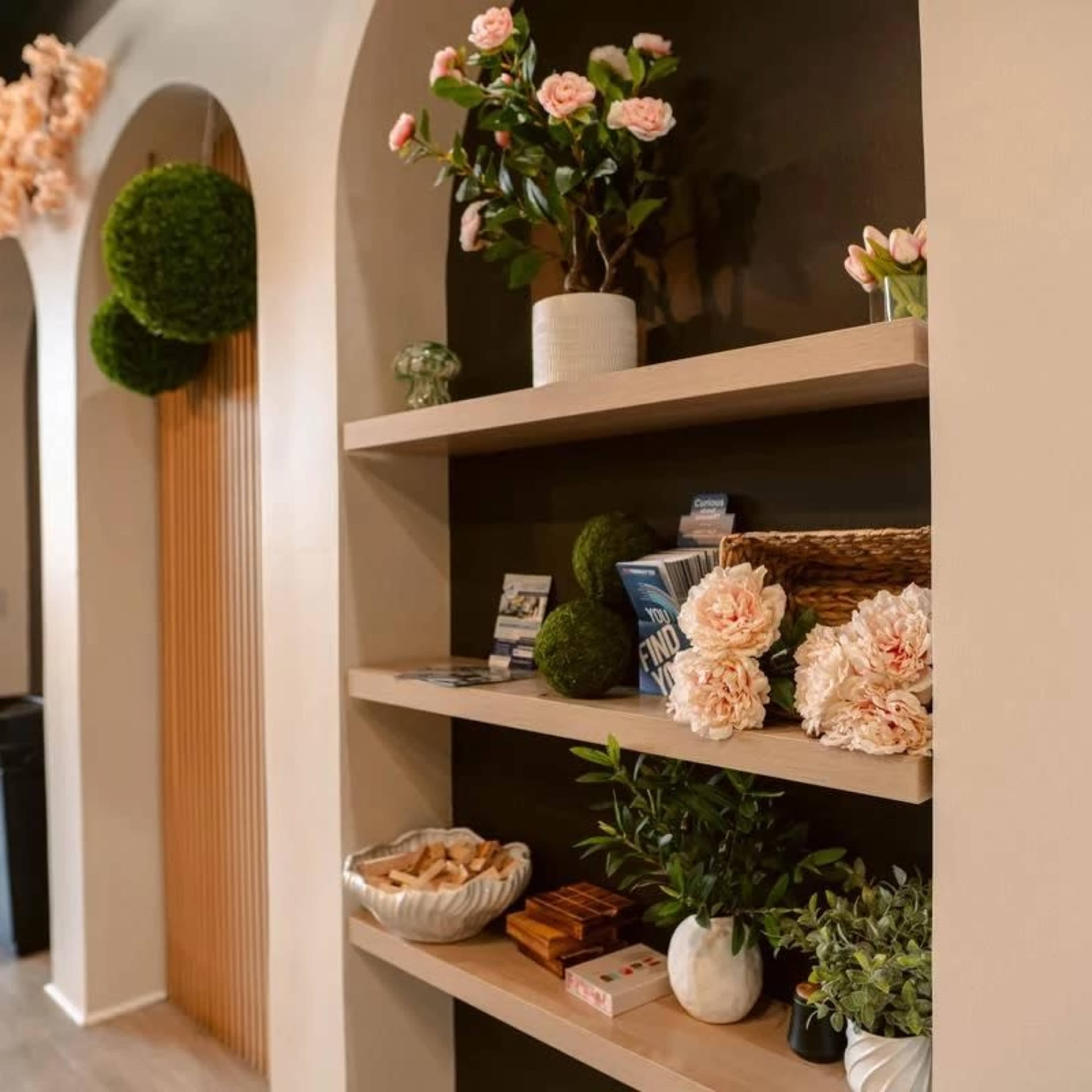 The image shows a neatly organized shelf featuring decorative plants, flowers, snacks, and informational brochures against a softly colored wall.
