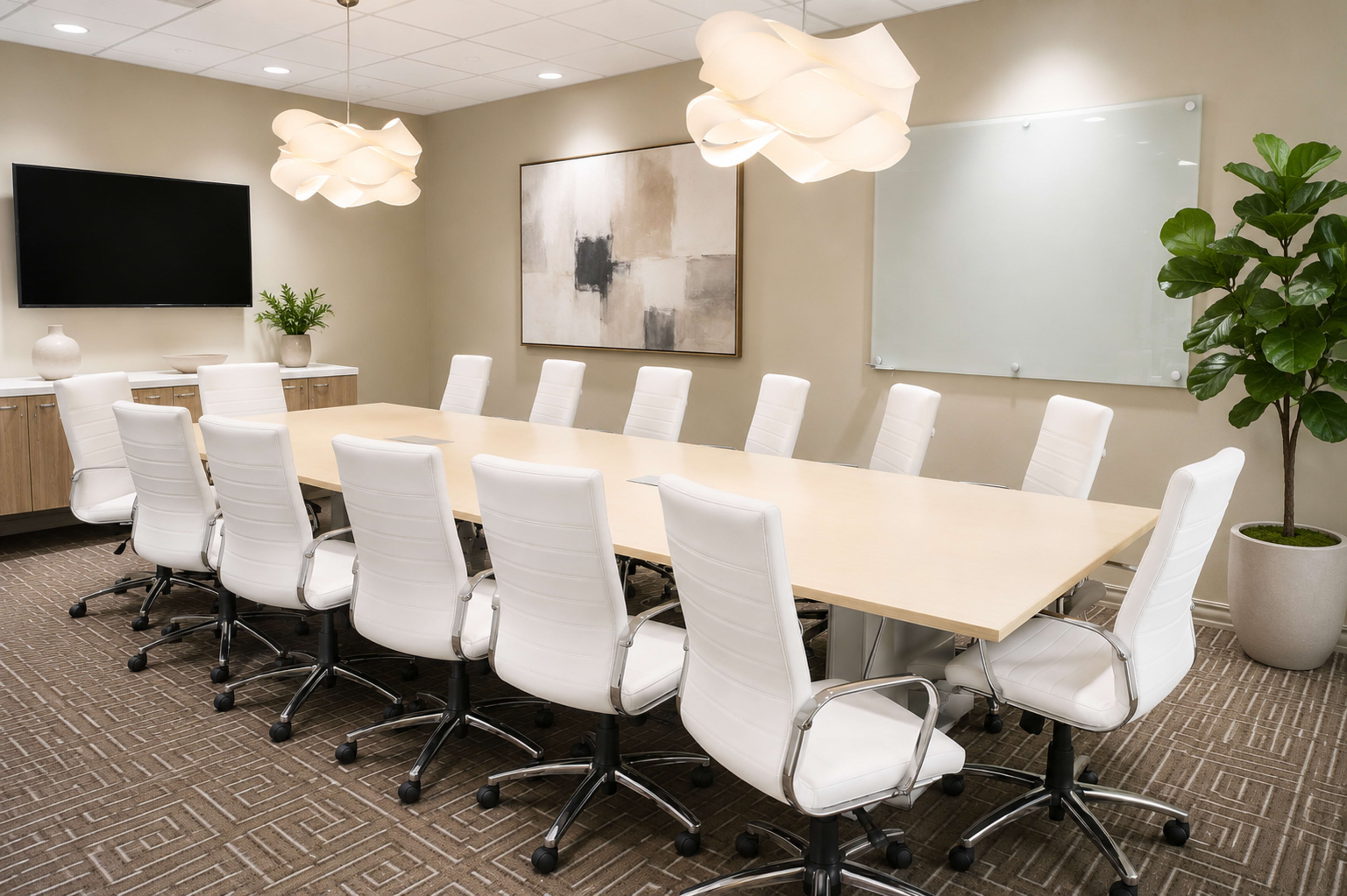 A long conference table with white chairs is set up in a modern meeting room featuring a television, artwork, and a large potted plant.