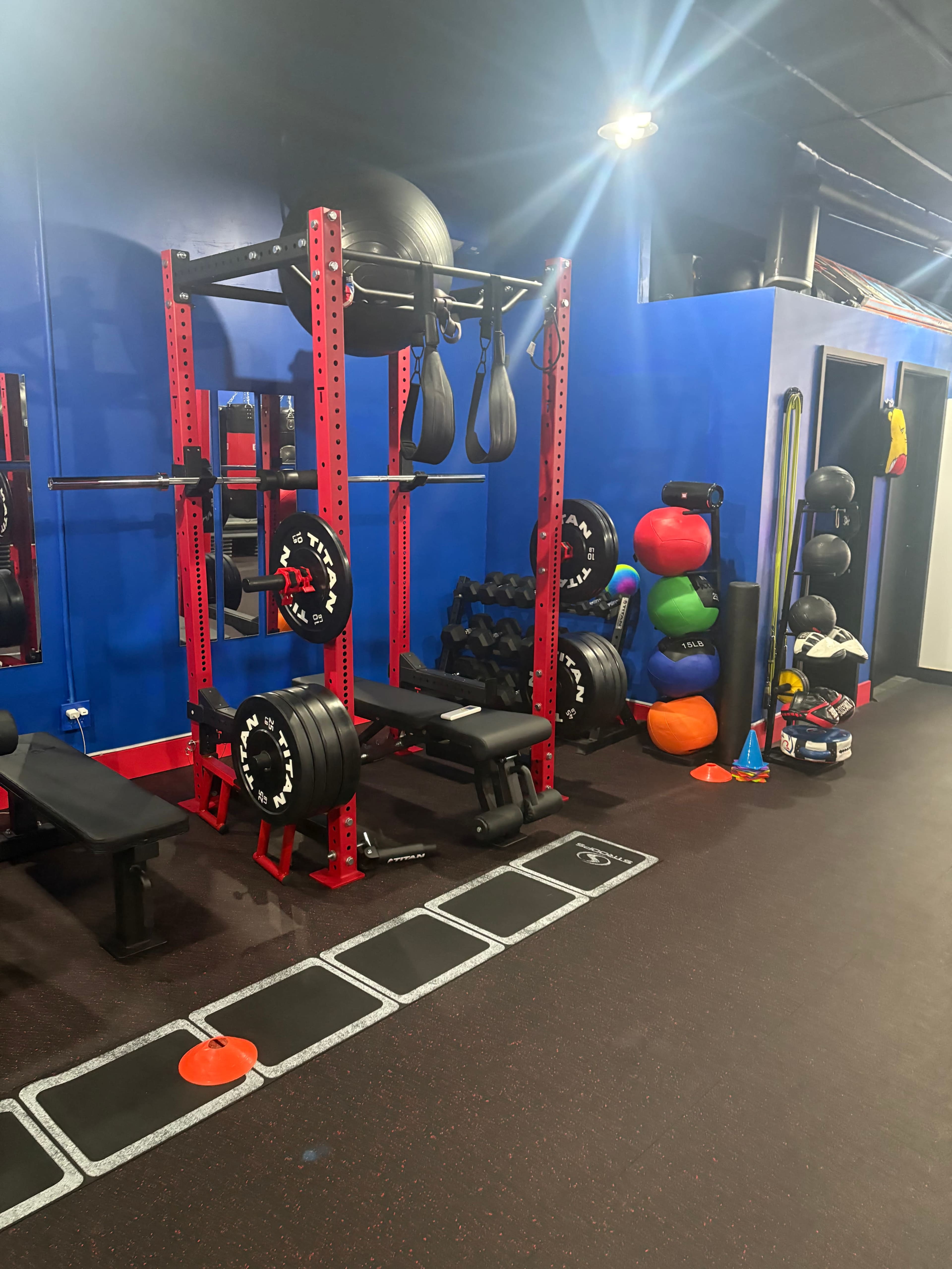 The image shows a gym area with a weight rack, bench, punching bags, and various colorful exercise equipment along the walls.