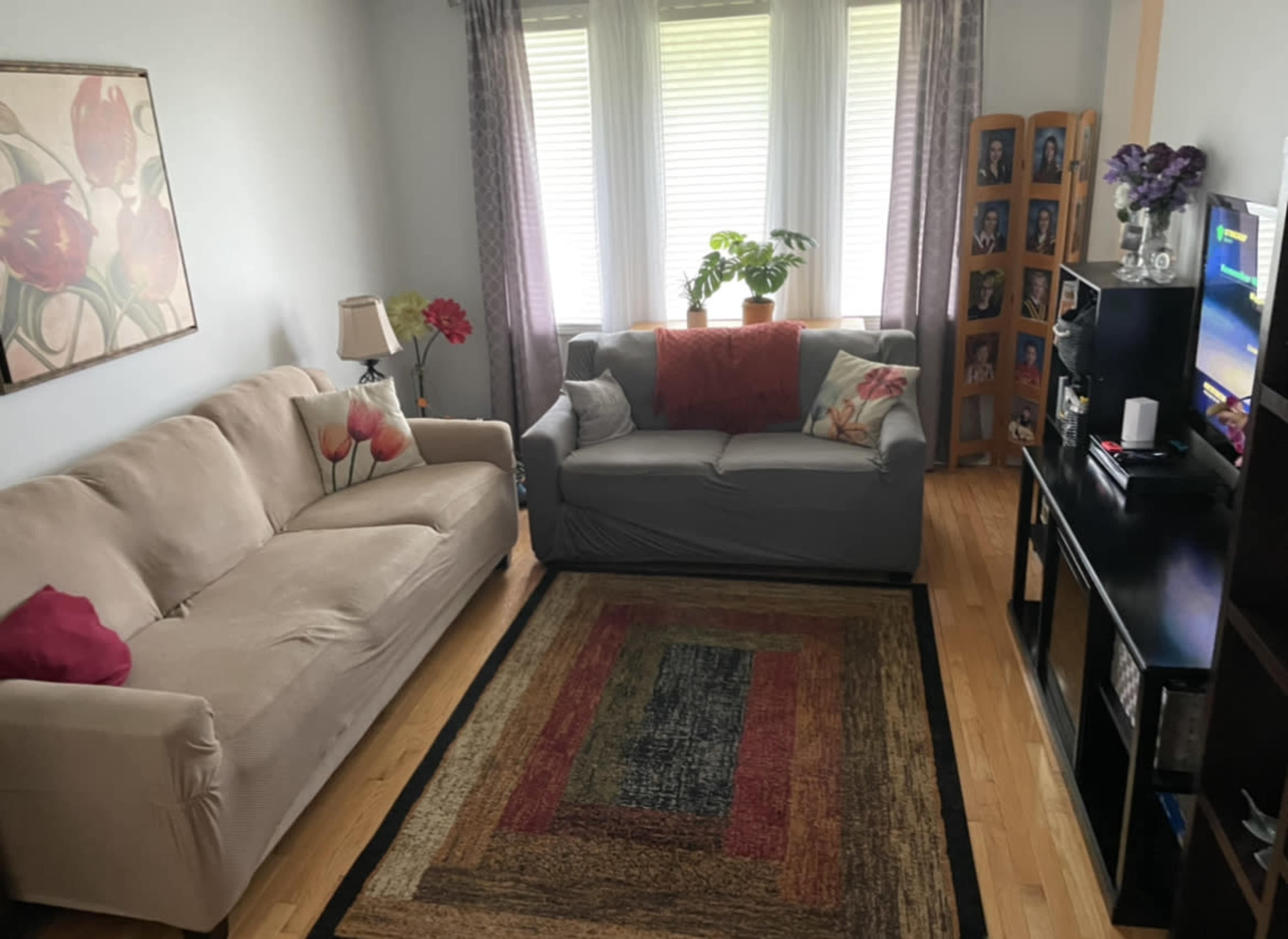 A cozy living room featuring two sofas, a coffee table with a decorative rug, and large windows with curtains.