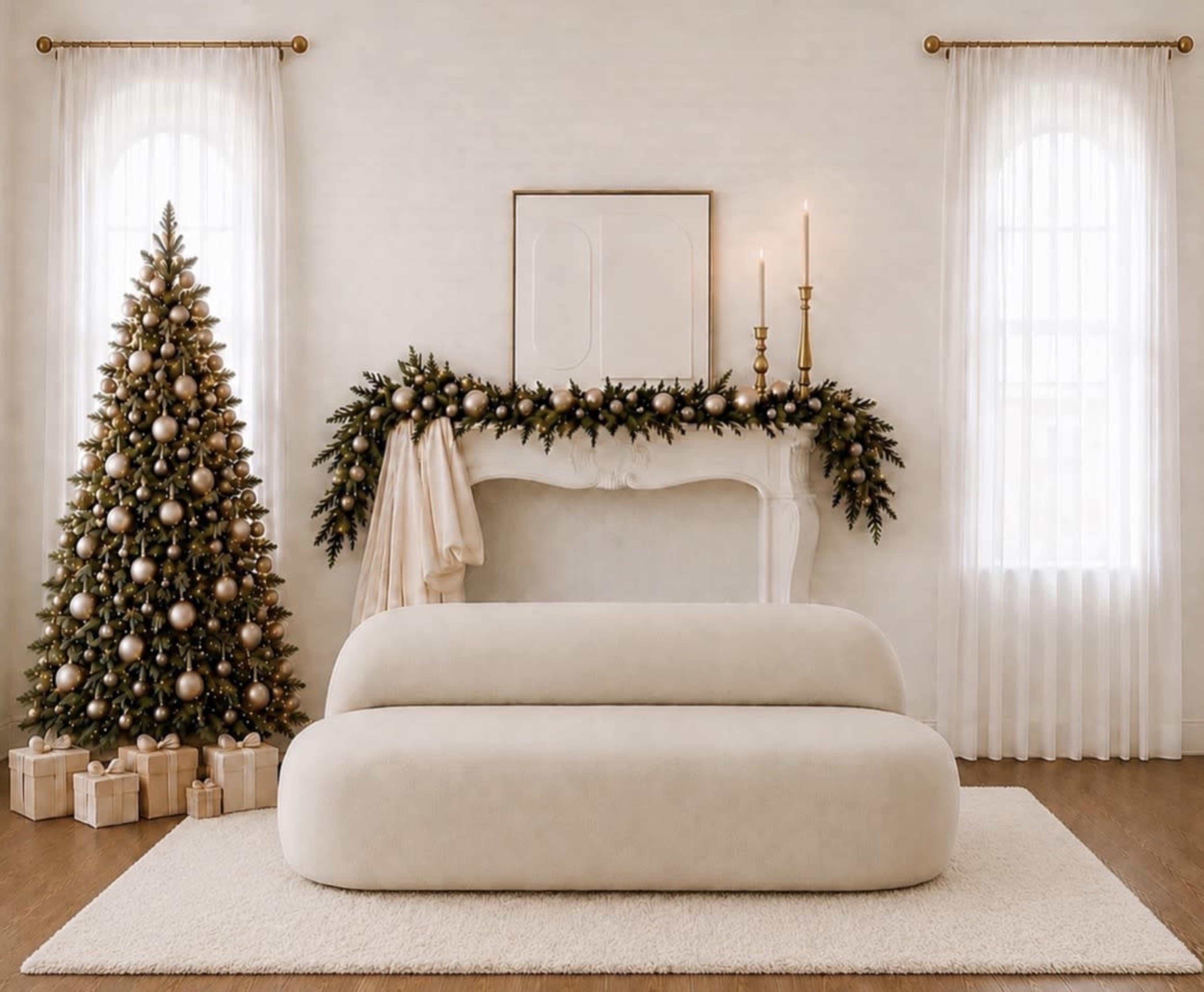 The image depicts a cozy room with a cream-colored sofa, a decorated Christmas tree, and a white mantel adorned with garlands and candles.