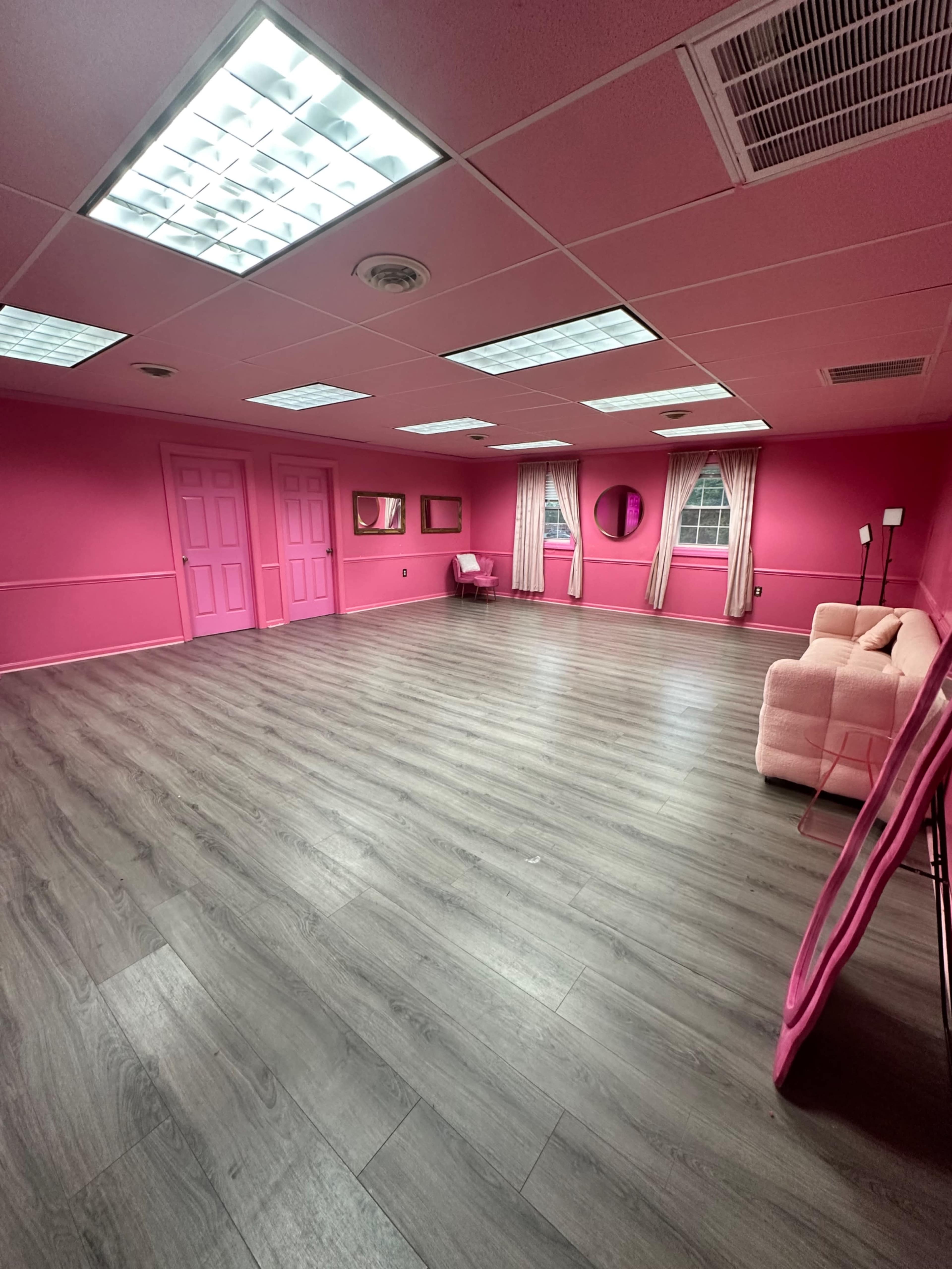 The room features pink walls, a pink couch, wooden flooring, and multiple light fixtures on the ceiling.