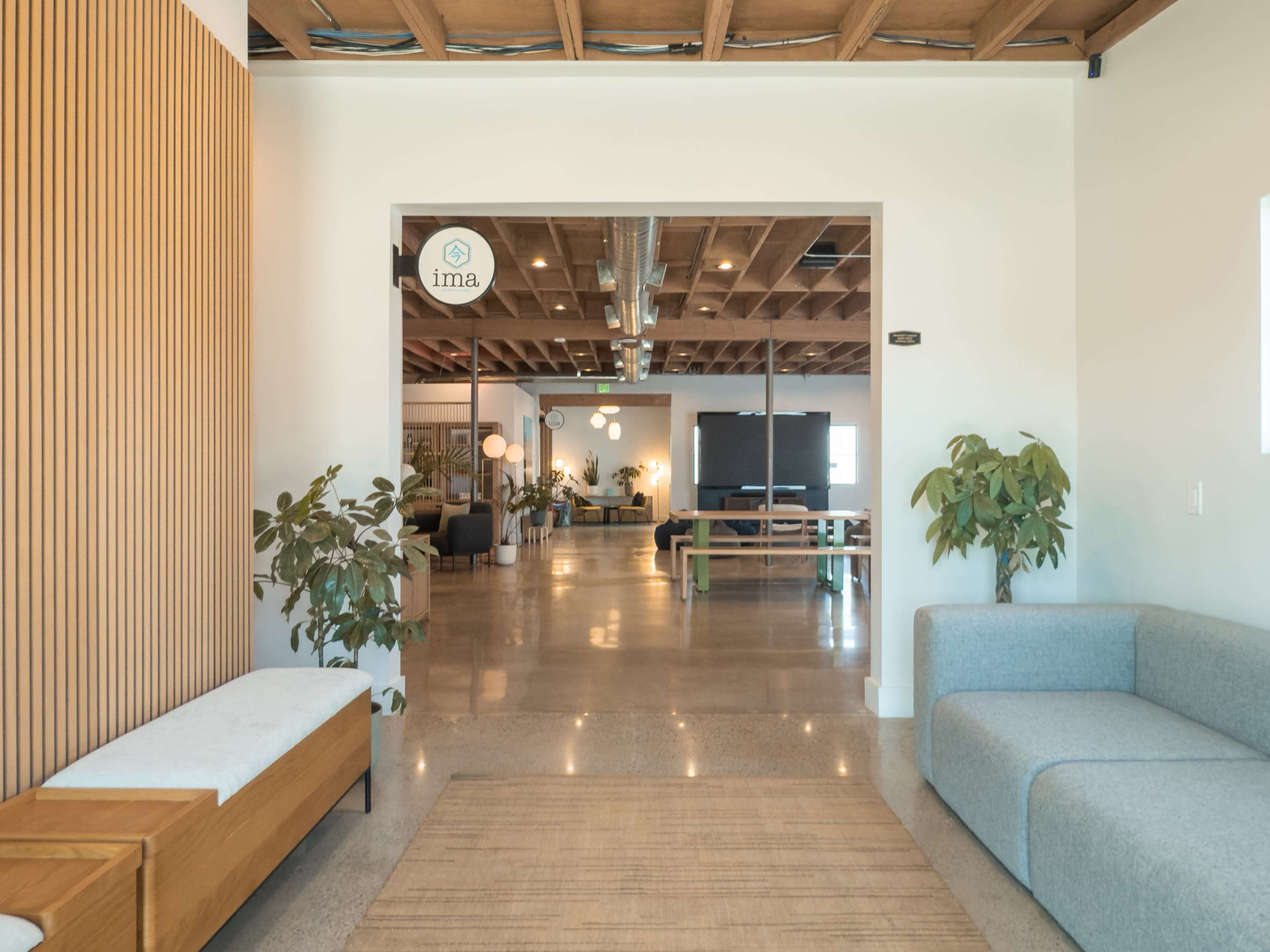 The image shows a modern office space with a reception area leading into a large, open workspace featuring plants and seating.