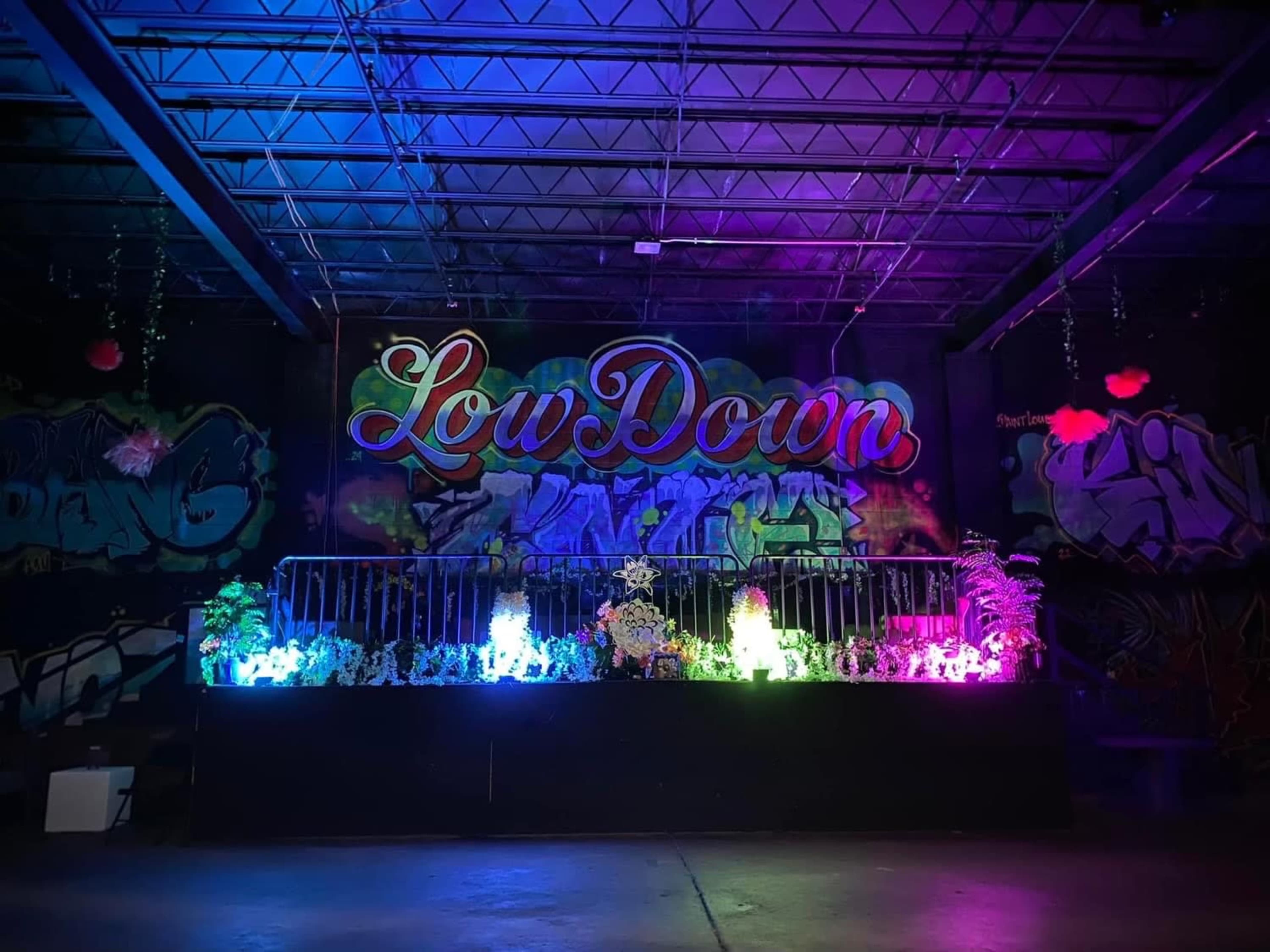 The image shows a stage area with colorful lighting and graffiti art in the background that spells out "LowDown."