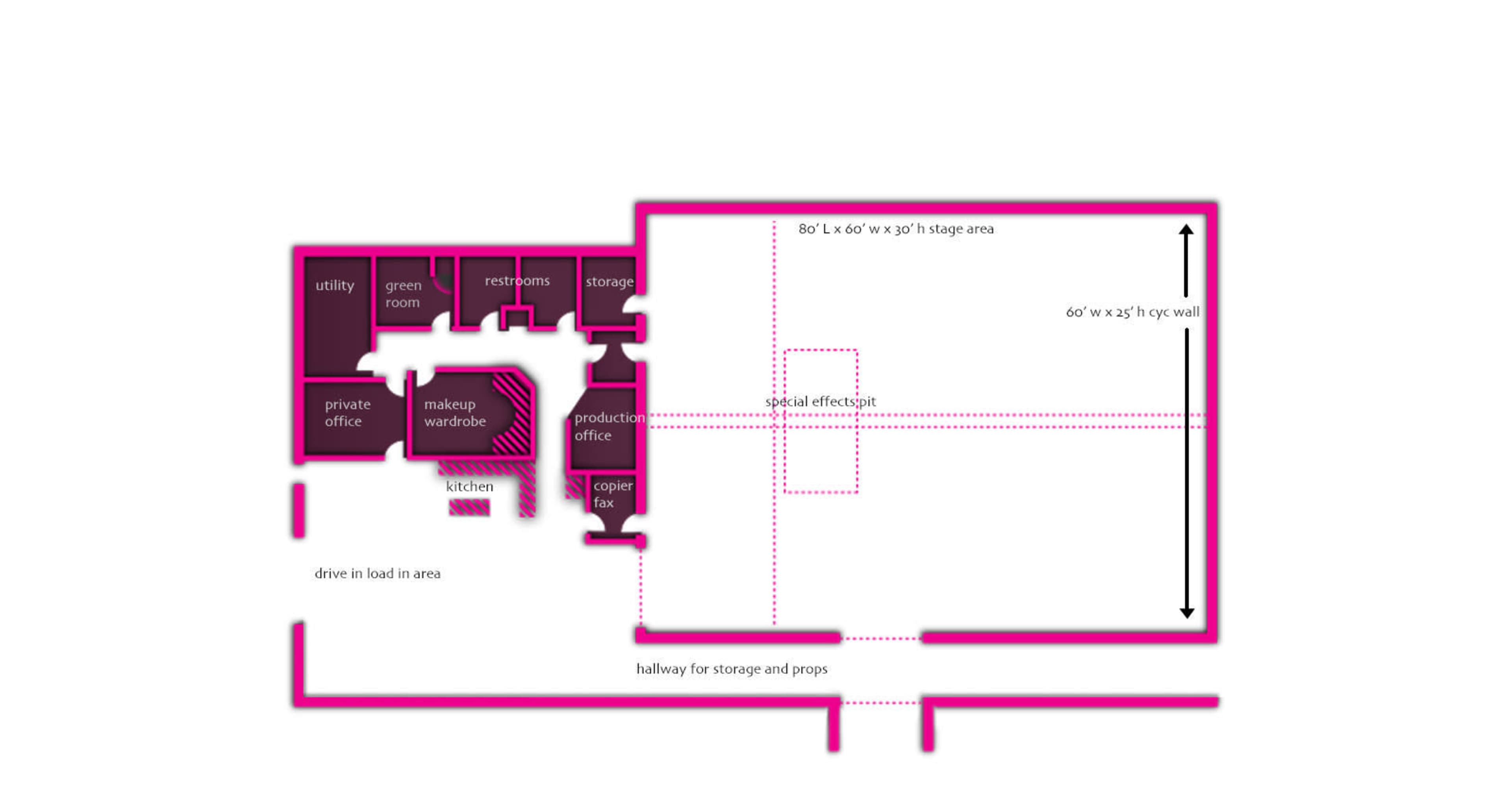A floor plan of a venue with designated areas including a stage, private office, kitchen, and storage rooms.
