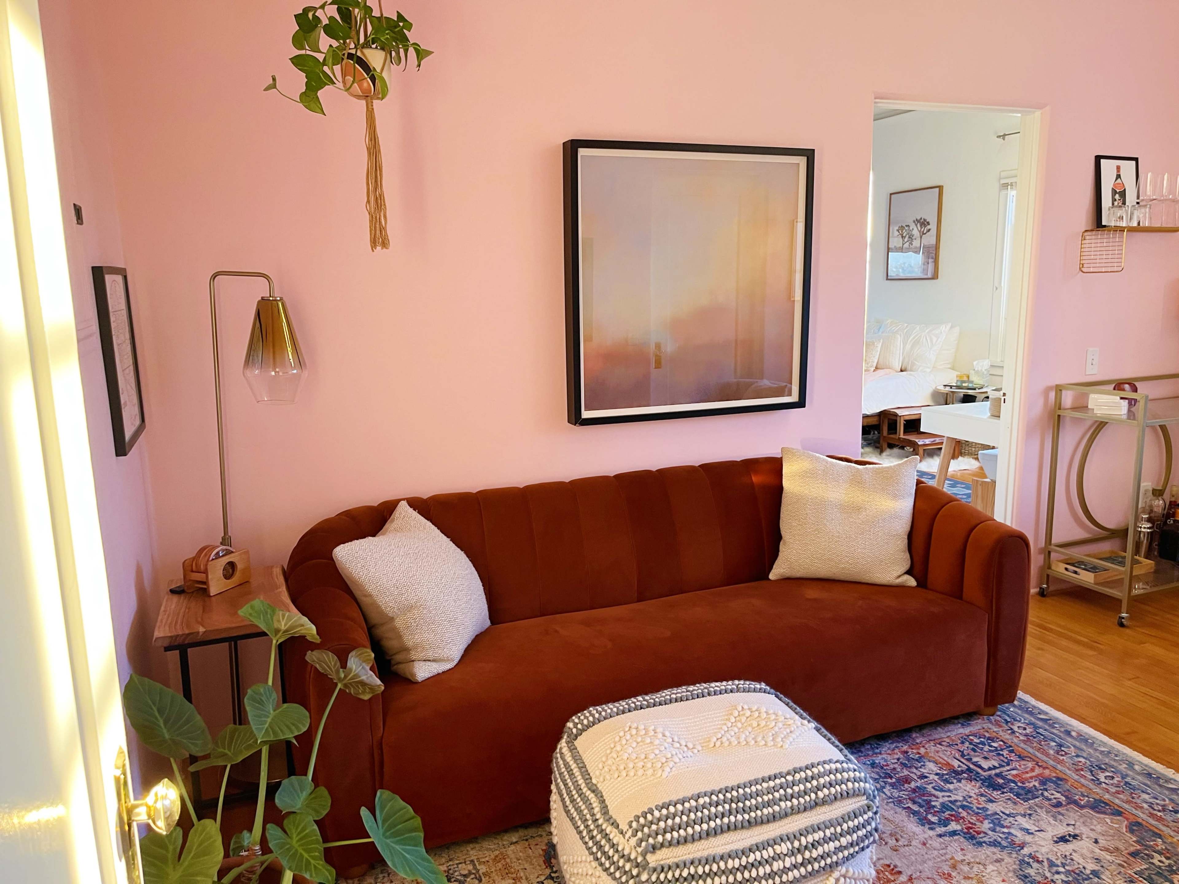 A living room featuring a brown velvet sofa, a wall-mounted plant, a large framed artwork, and a woven ottoman on a patterned rug.