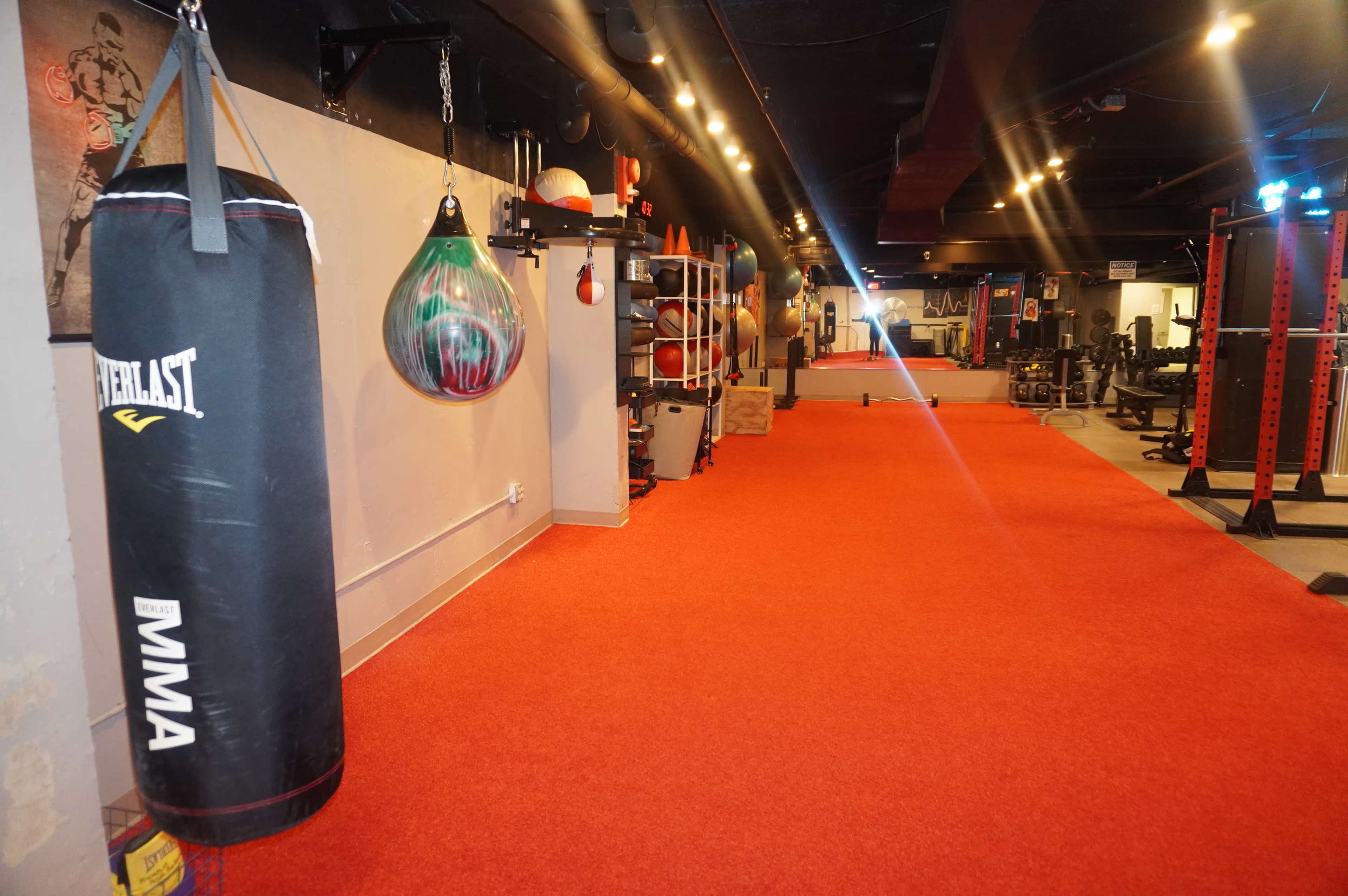 The image shows a well-equipped gym with a bright red carpet, a heavy punching bag, and various exercise equipment along the walls.