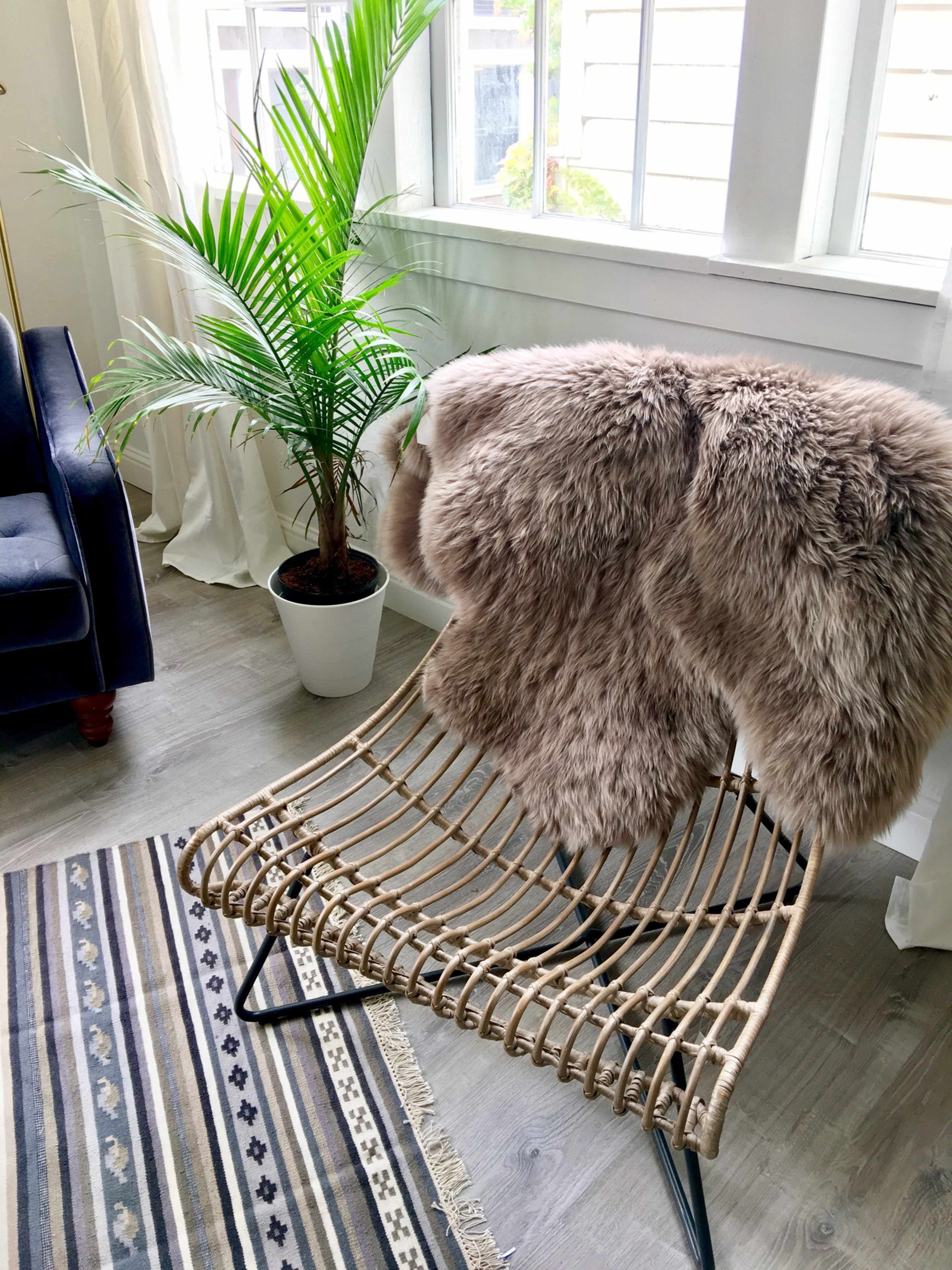 A woven chair is placed next to a potted palm, with a fur throw draped over its back, on a patterned rug.