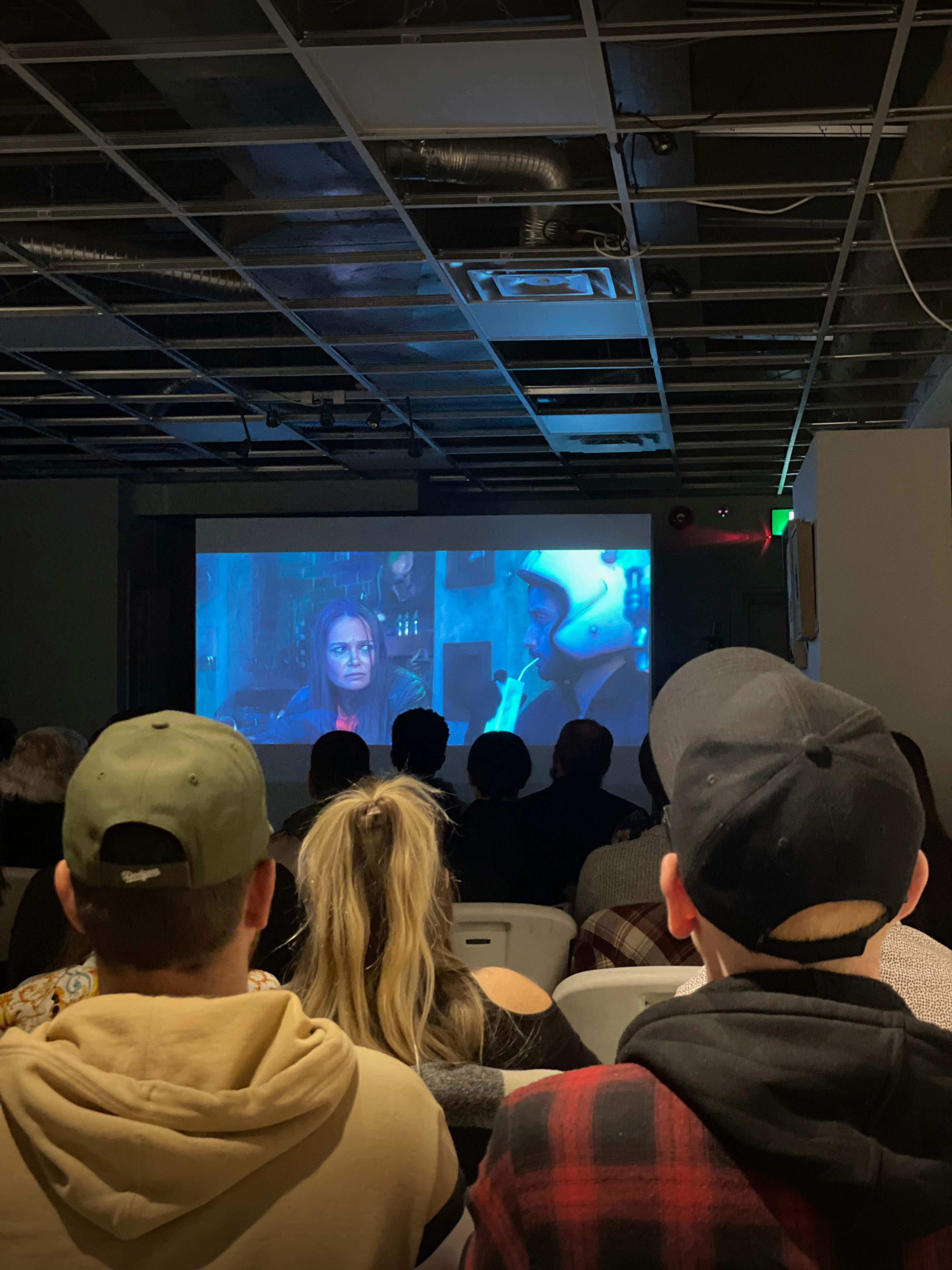 A group of people is seated in a darkened room watching a projected film on a large screen.