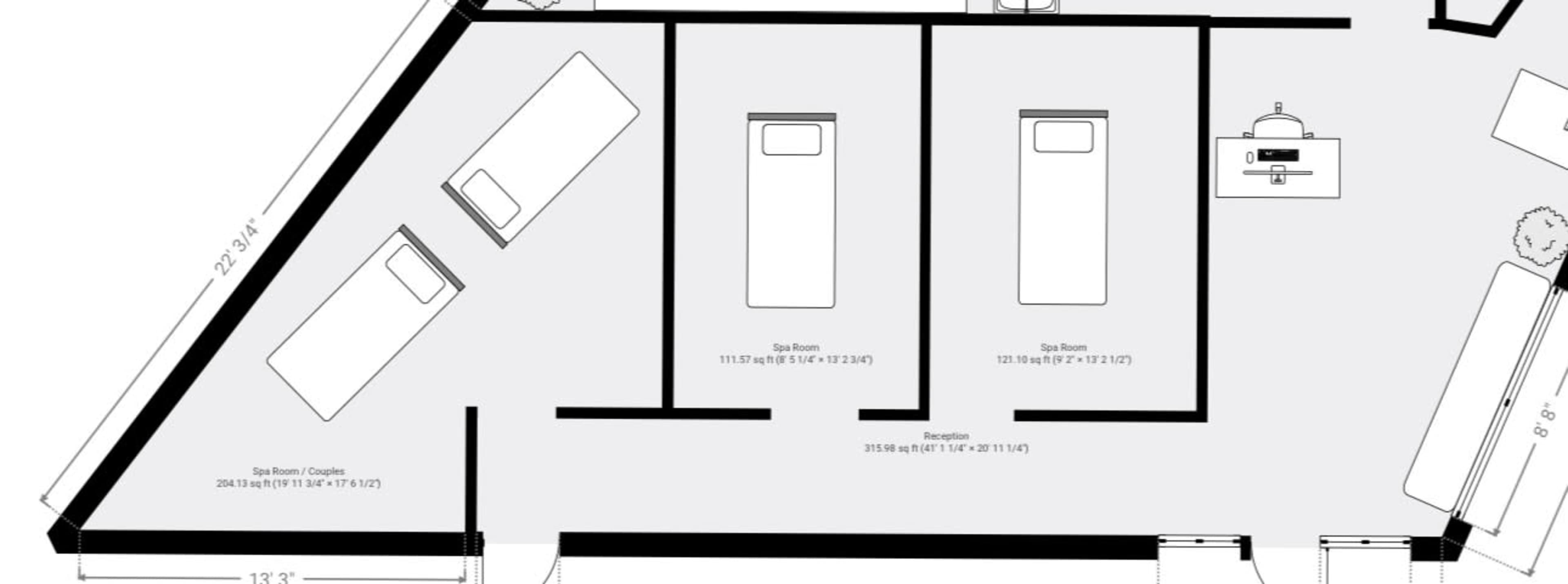 A floor plan layout of a spa facility, including three spa rooms and a reception area.