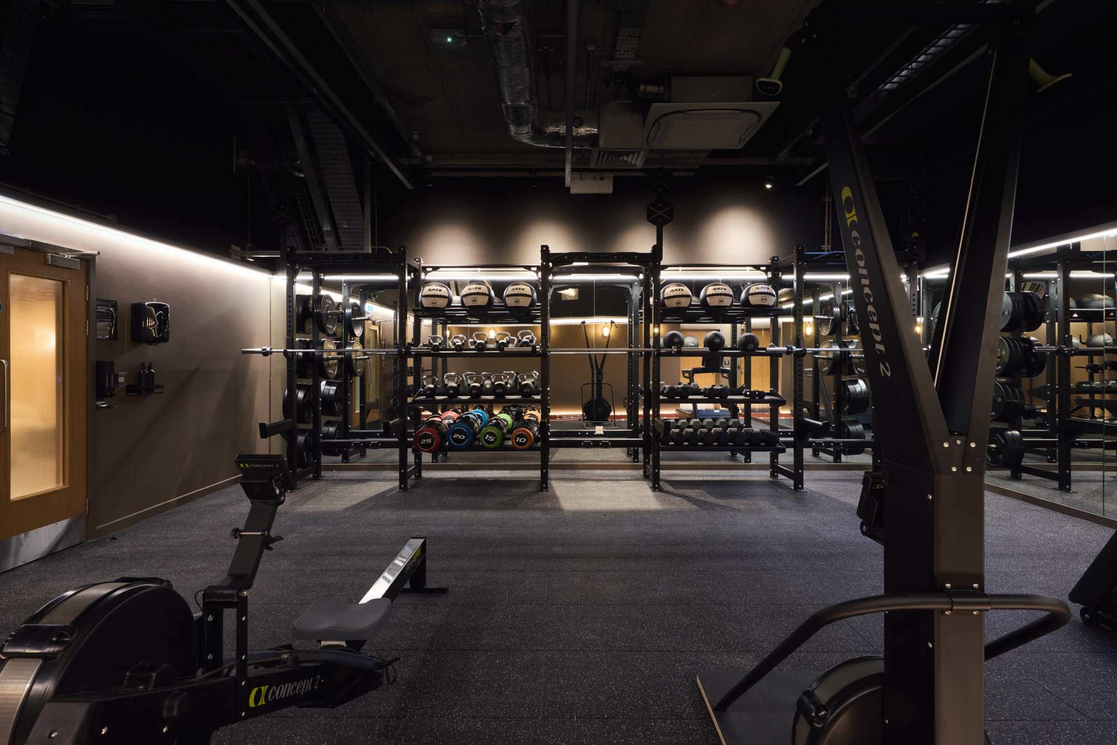 The image shows a well-equipped gym area featuring various weightlifting equipment, a rowing machine, and organized racks of dumbbells and barbells.