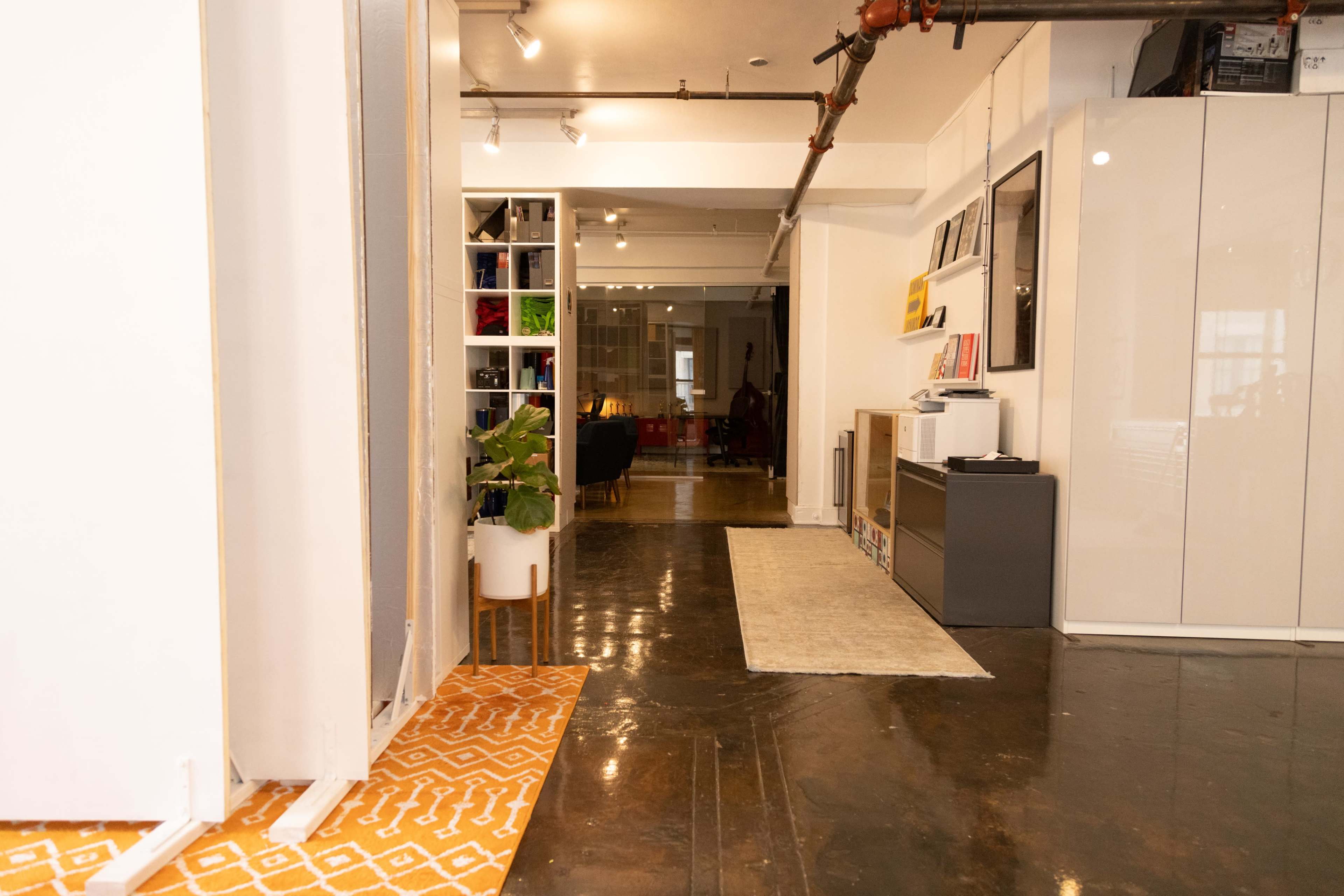 The image shows a spacious, well-lit interior with a patterned rug, a potted plant, and several shelves displaying books and decor items along one wall.