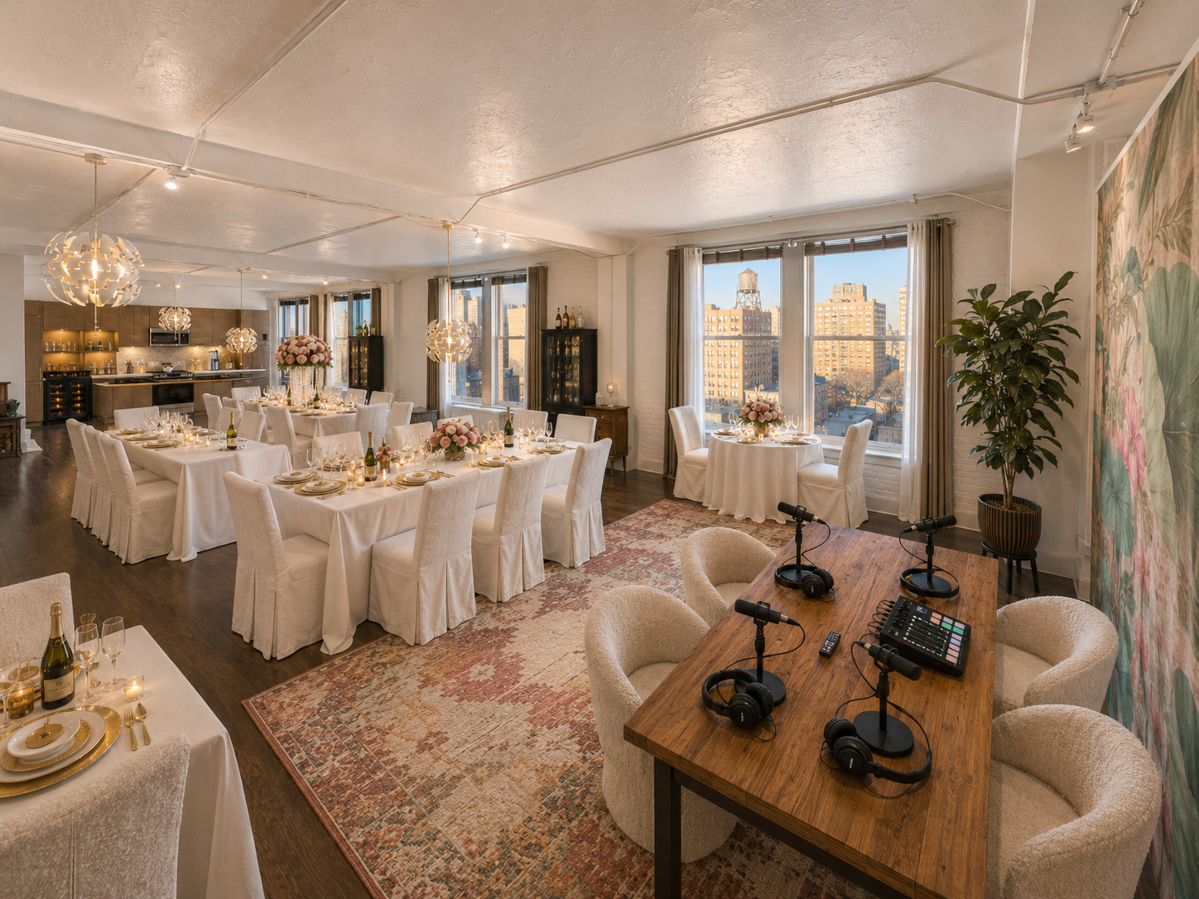 The image shows a spacious, elegantly arranged dining area with tables set for a formal event, featuring large windows that provide a view of the city skyline.