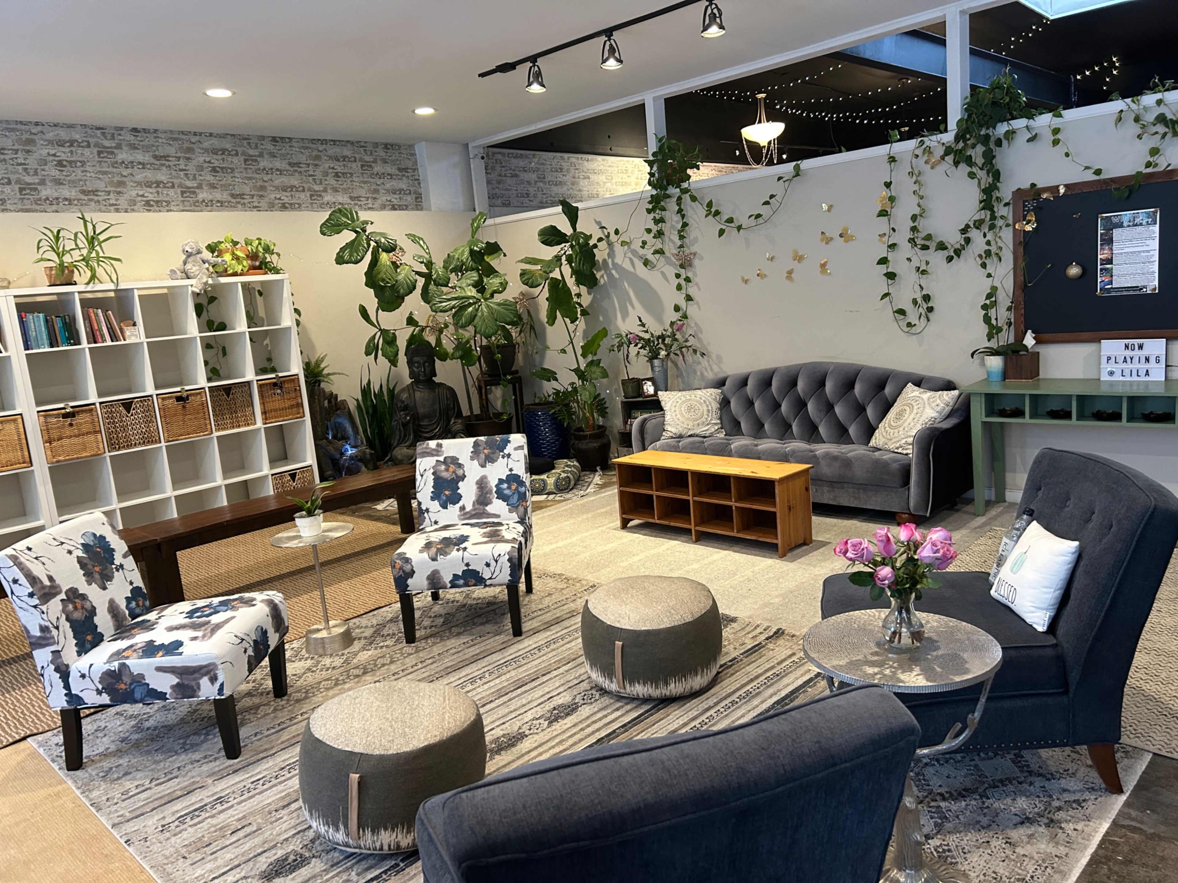 A cozy lounge area with various seating options, green plants, and decorative shelves against a light-colored wall.