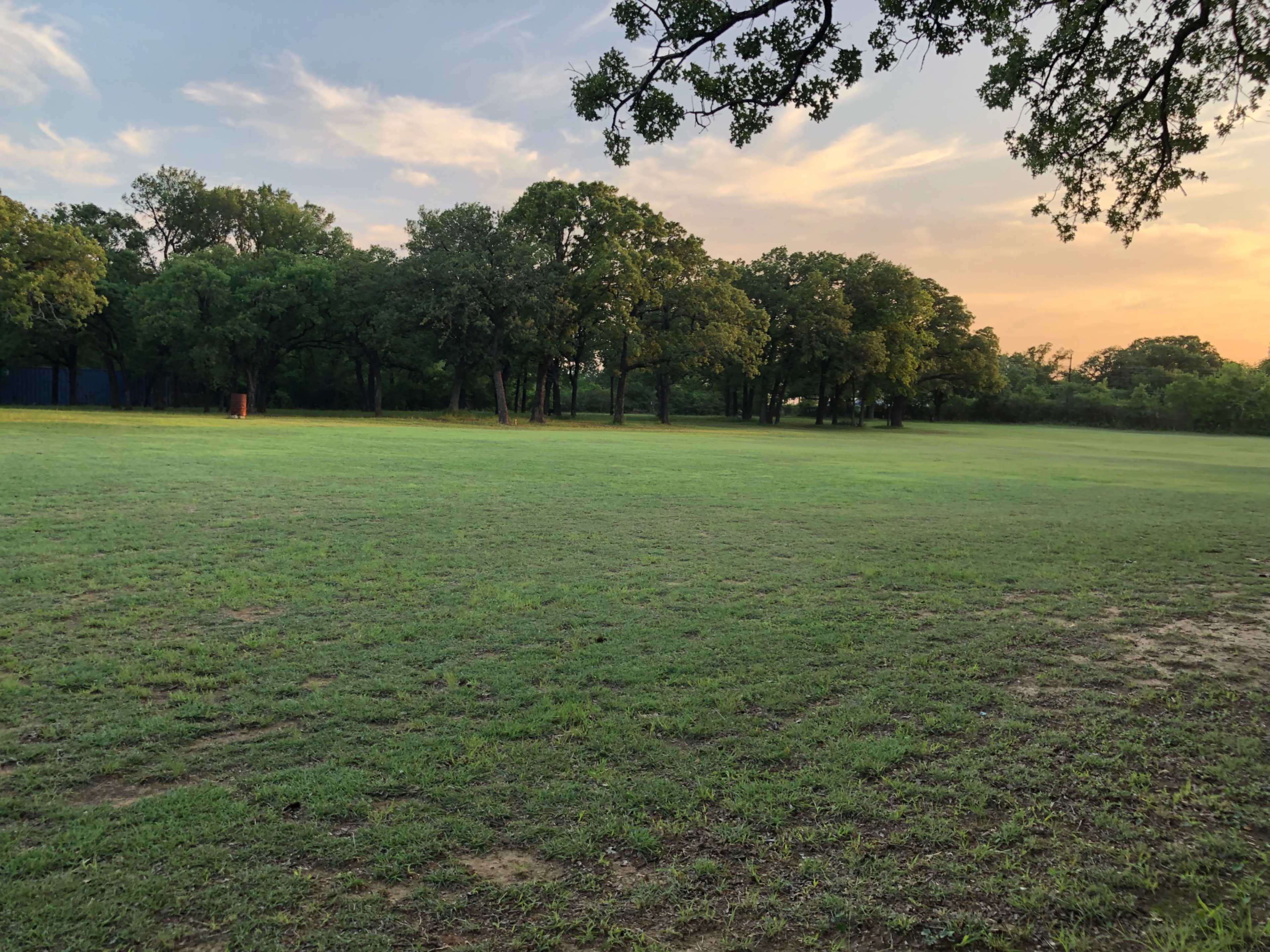 A wide, grassy field is bordered by trees under a partly cloudy sky at sunset.