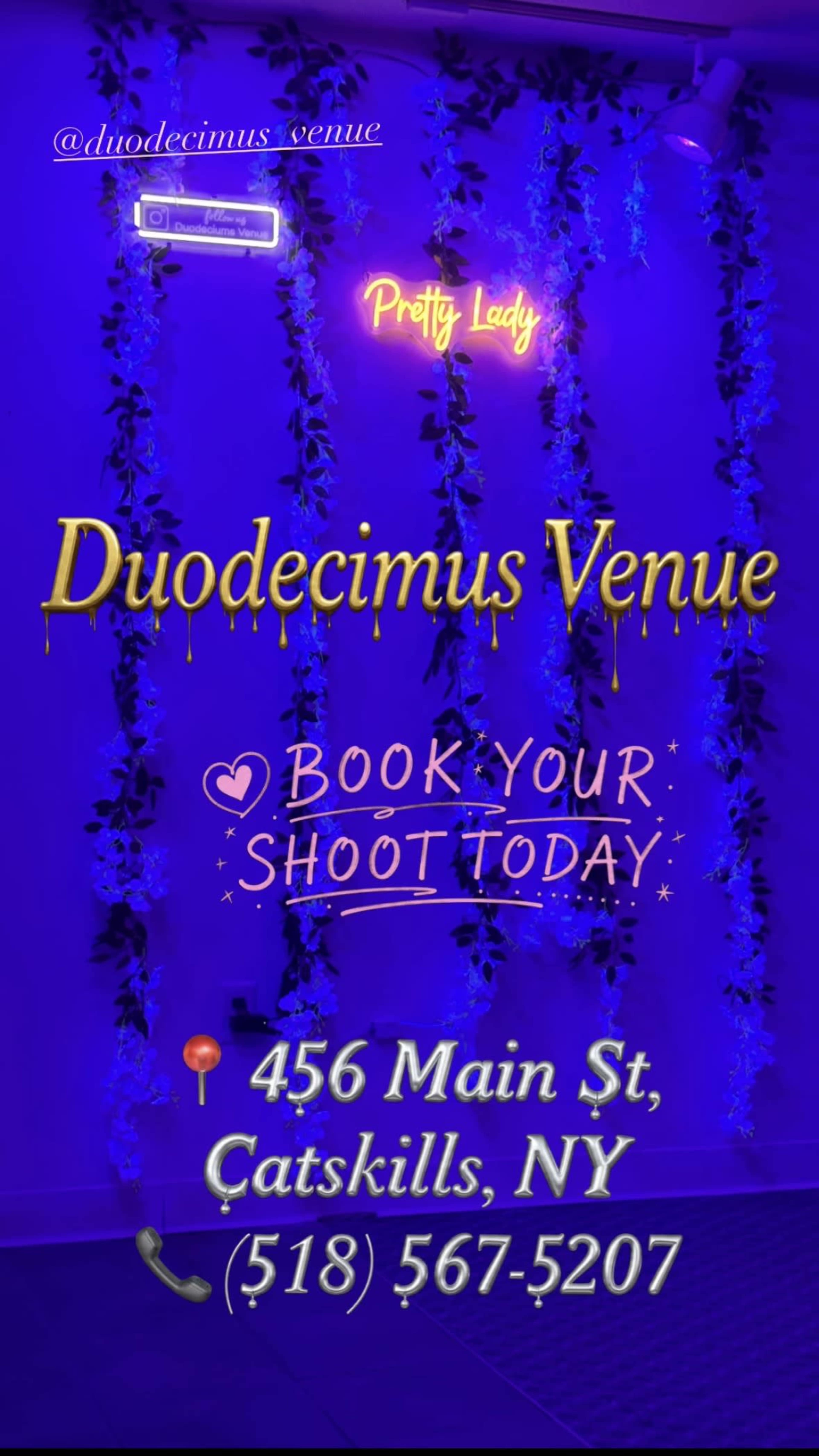 The image features a promotional flyer for the Duodecimus Venue, displaying information about booking photography sessions, along with a decorative backdrop of flowers and neon signs.