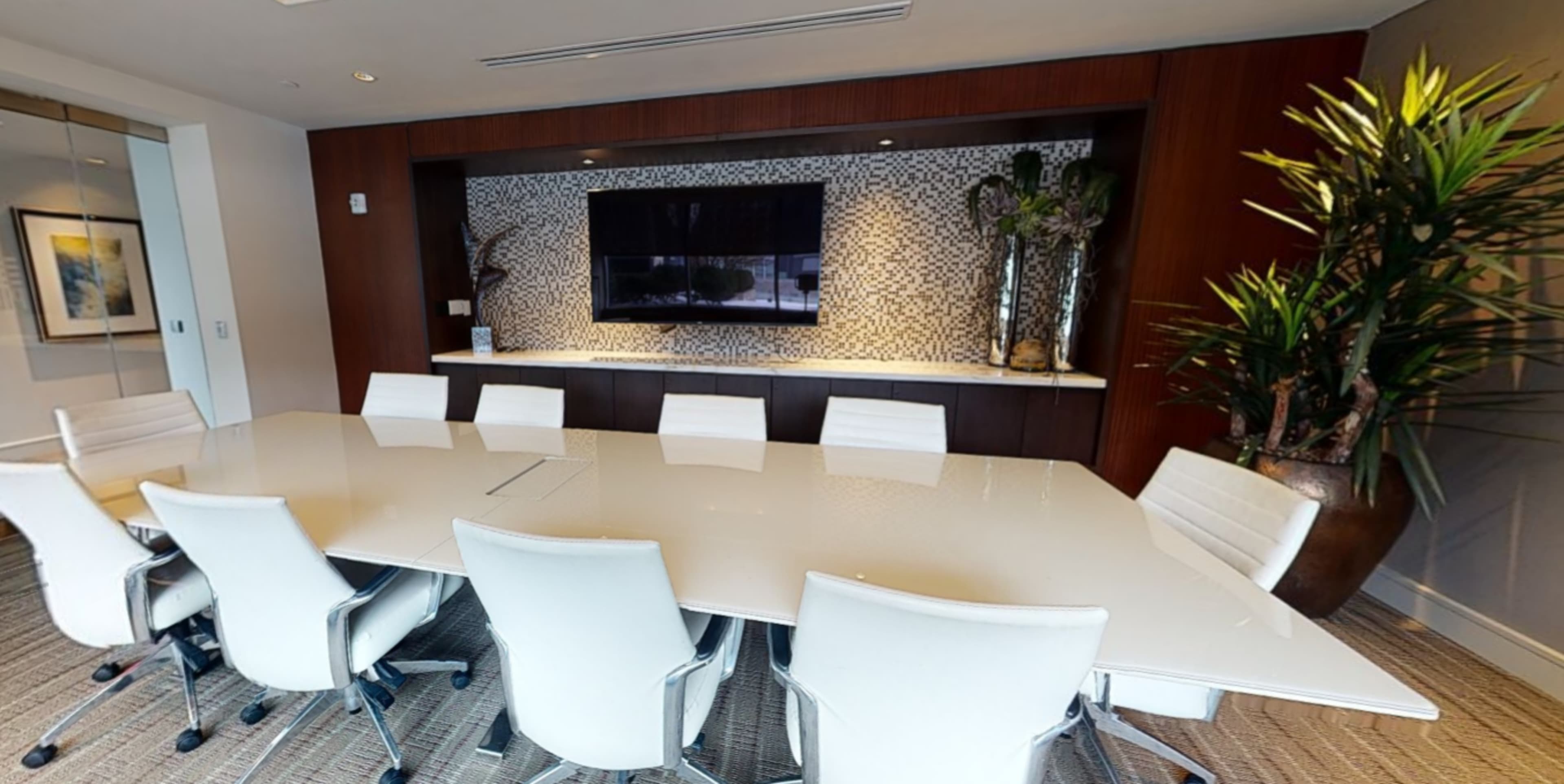 A modern conference room features a large white table surrounded by white chairs, with a television mounted on a decorative wall and plants in the background.