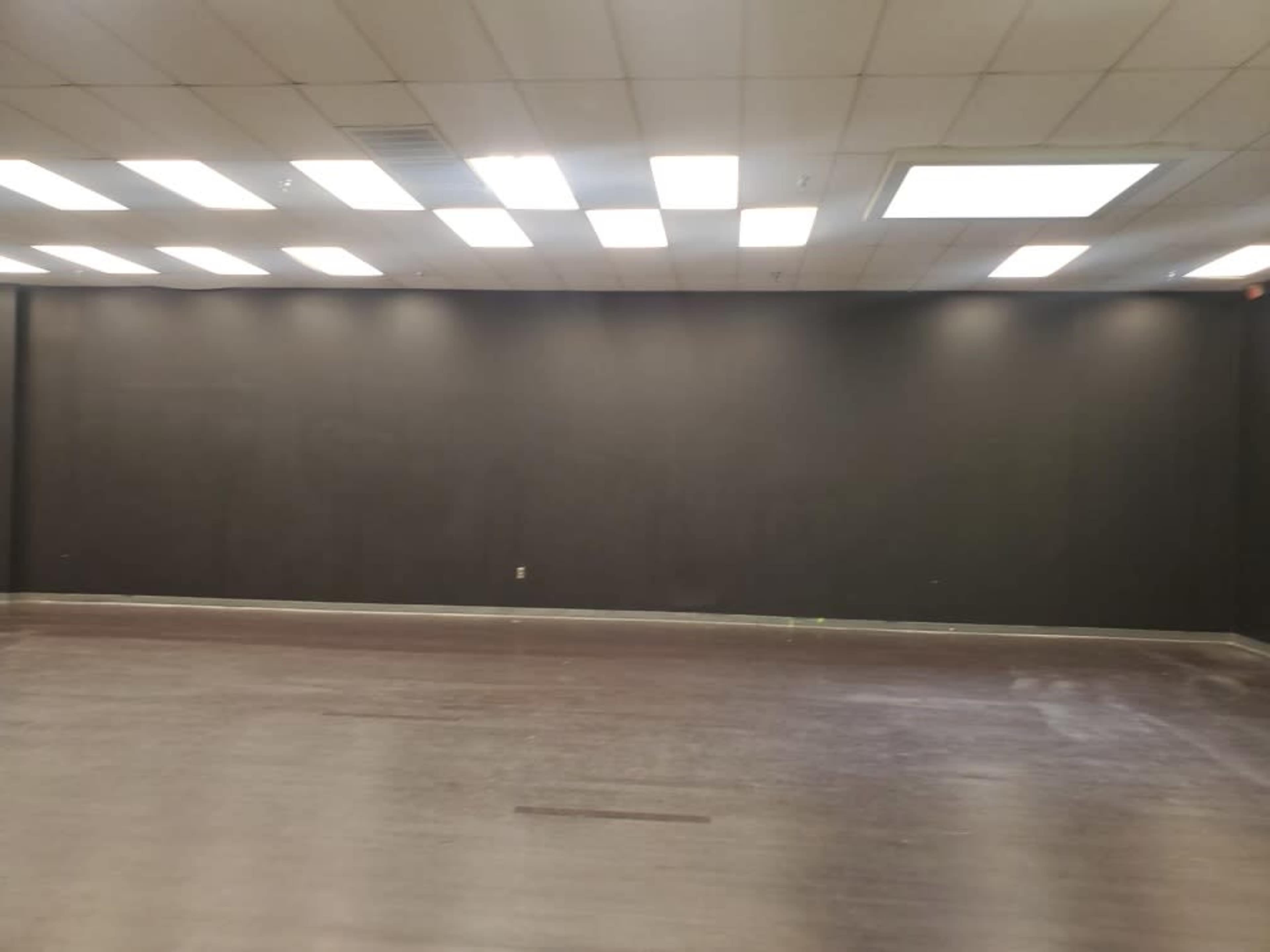 An empty room with a dark-colored wall and a grid of overhead lights.
