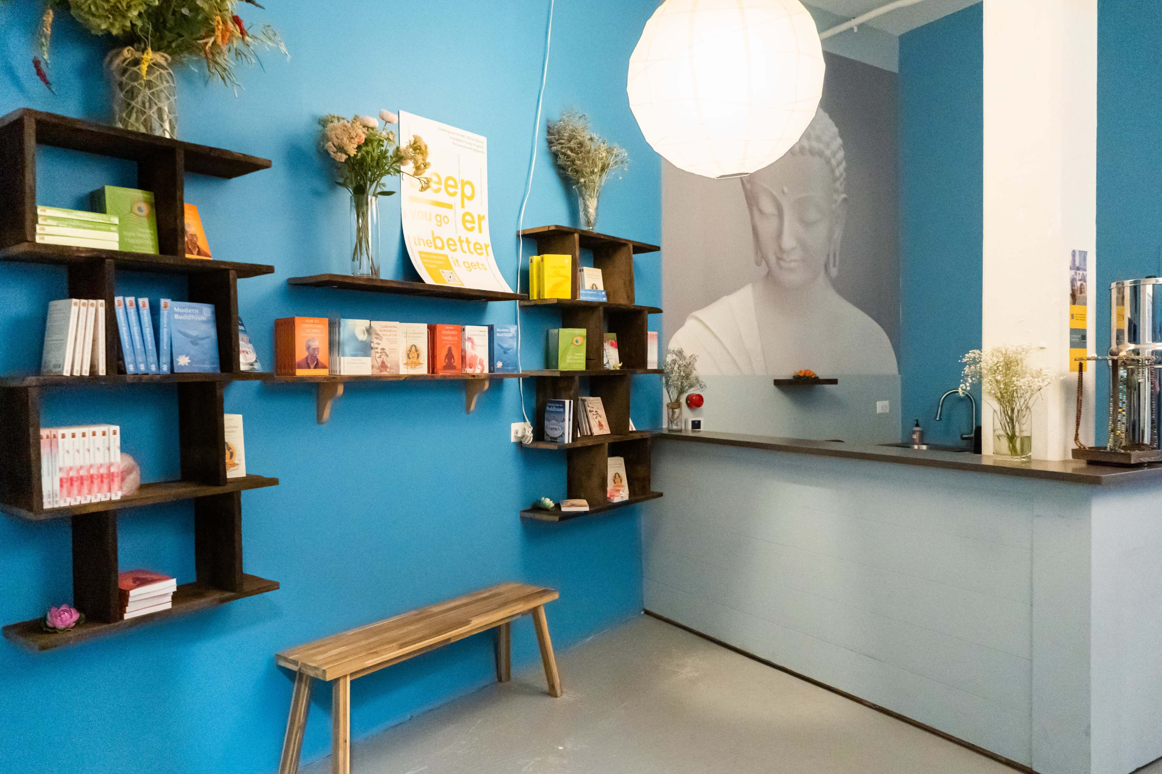 The image shows a vibrant blue wall with wooden shelves displaying various books and plants, alongside a reception counter and a large light fixture.