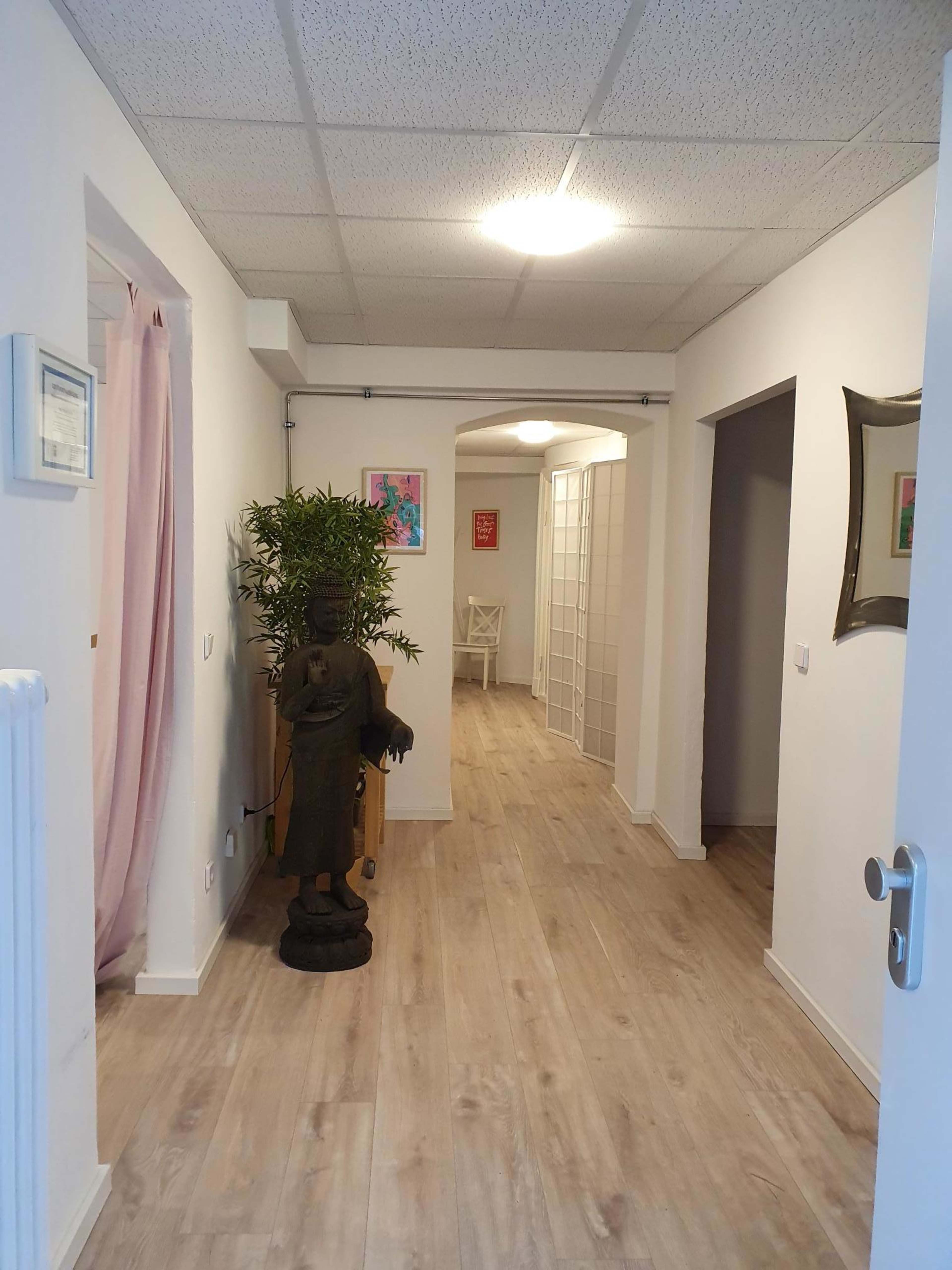 The image shows a hallway with light wood flooring, a statue on the left, and doors leading to other rooms.