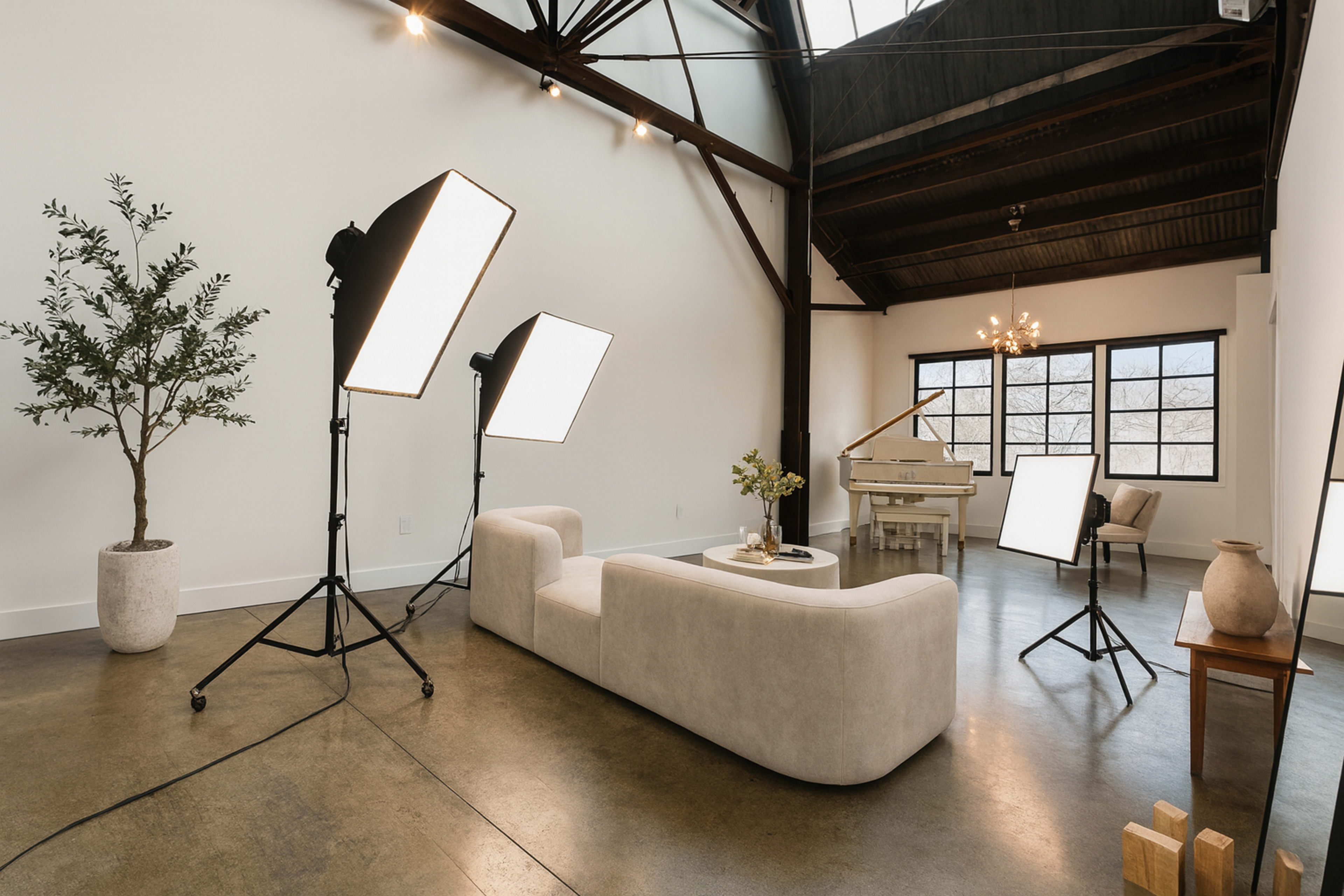 The image shows a modern interior space featuring a light-colored sofa, a coffee table with decorative items, and a grand piano, all illuminated by studio lights.