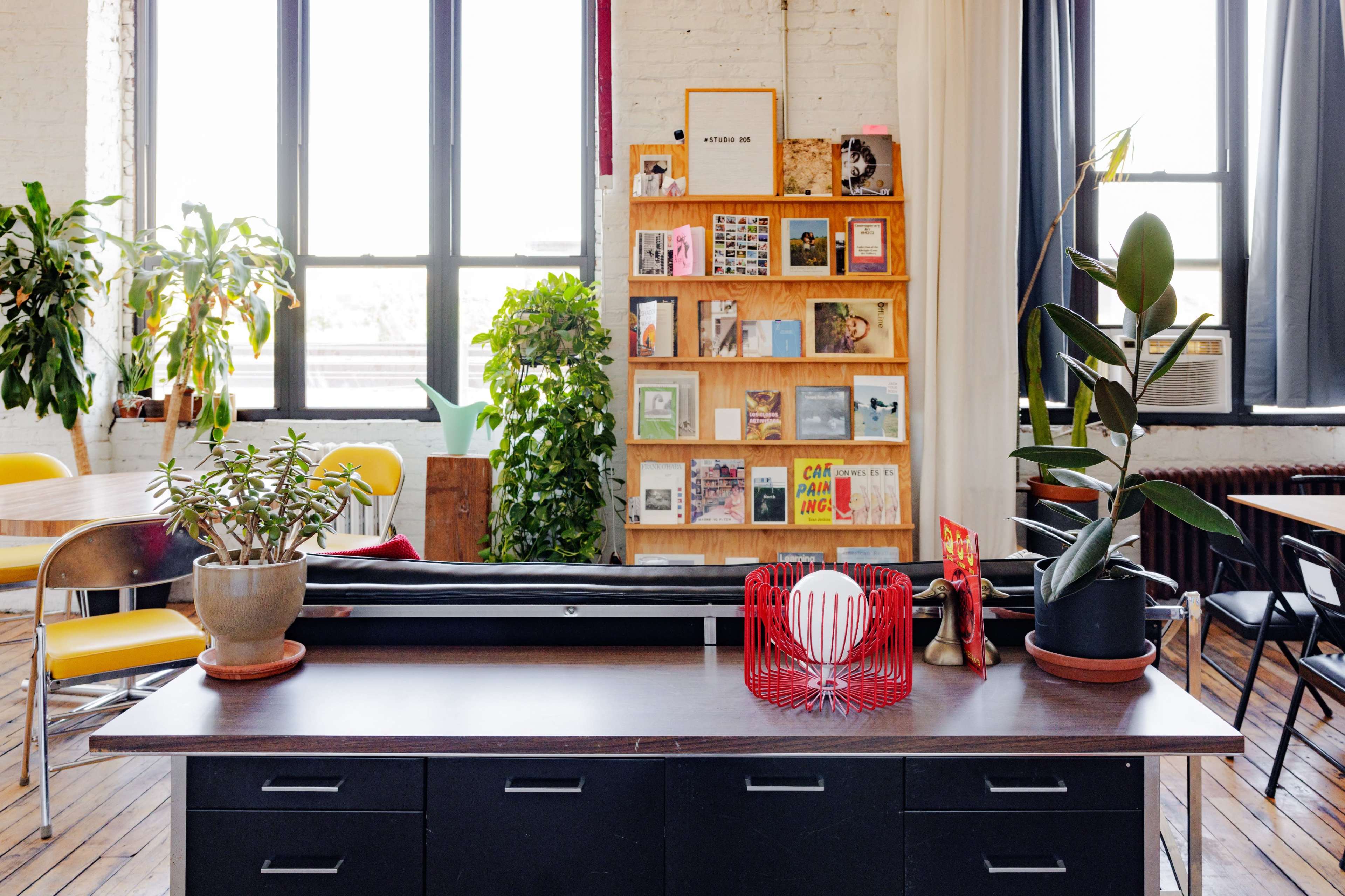 A bright room features a wooden bookshelf filled with colorful books and plants, with a large desk in the foreground.
