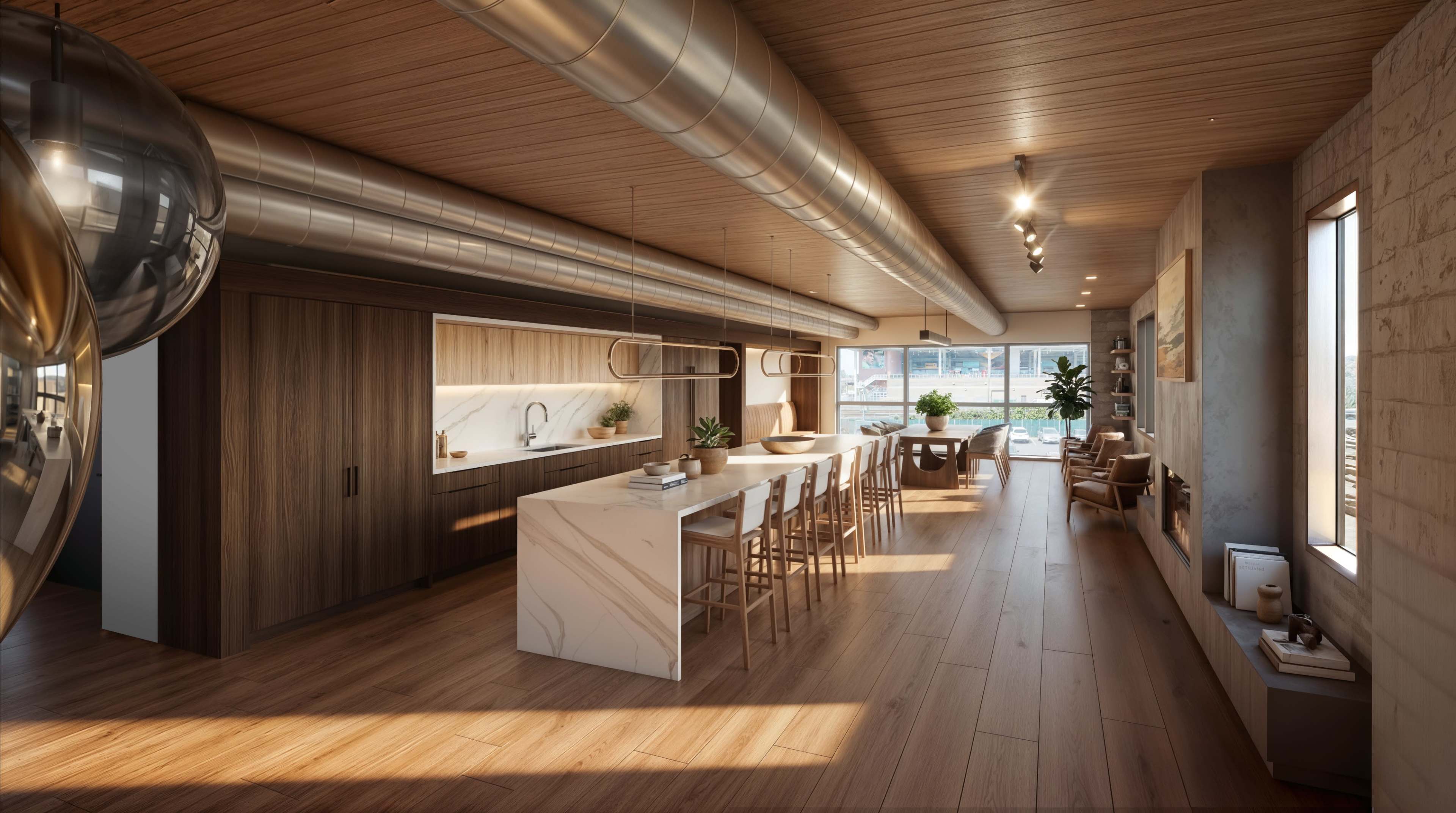 The image shows a modern kitchen and dining area with a large island, wooden cabinetry, and abundant natural light coming through the windows.