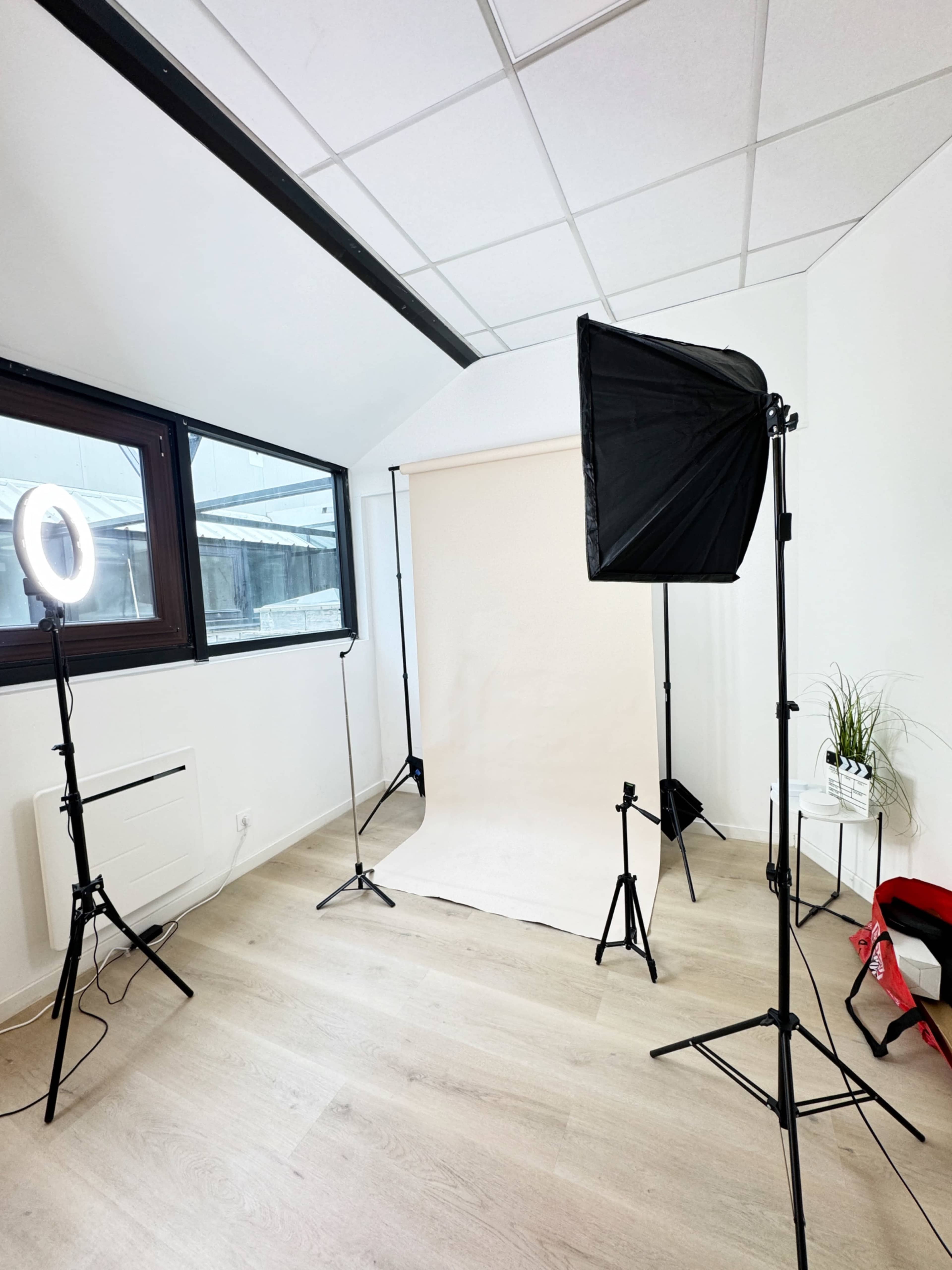 The image shows a photography studio with a light backdrop, softboxes, and a ring light set up on stands, along with a small plant on a side table.