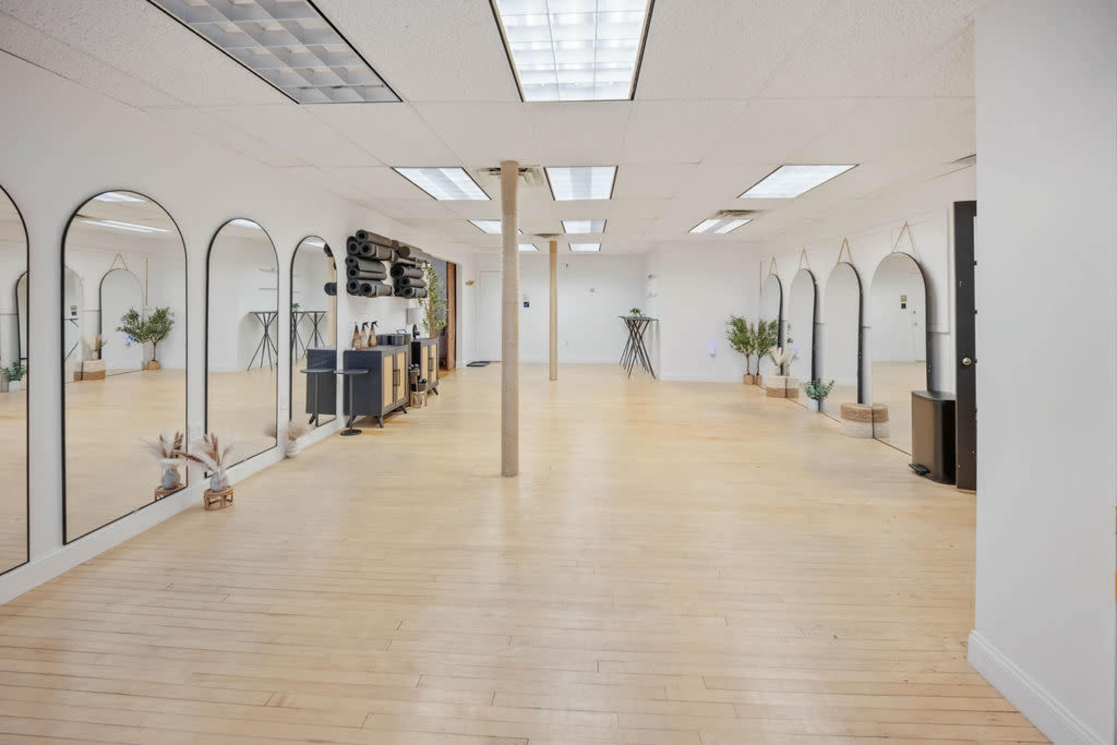The image shows a spacious room with wooden flooring, large mirrors on the walls, and potted plants in each corner.