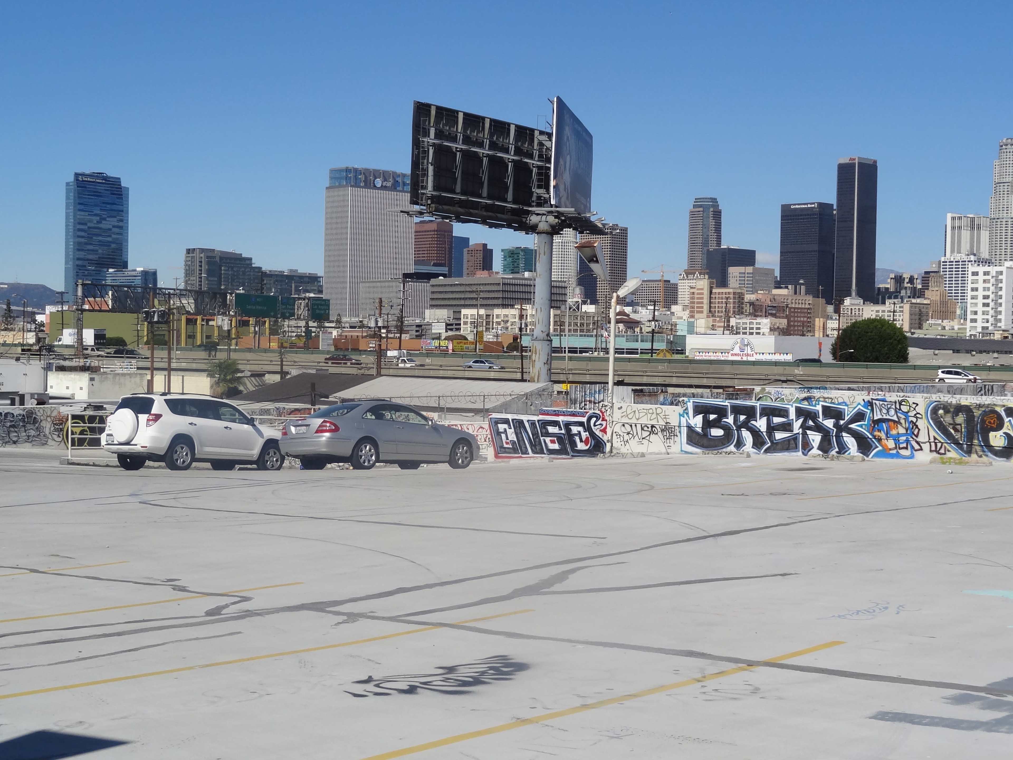 Skyline view of DTLA towers and 10 freeway. Image in South Los Angeles, Los Angeles, CA