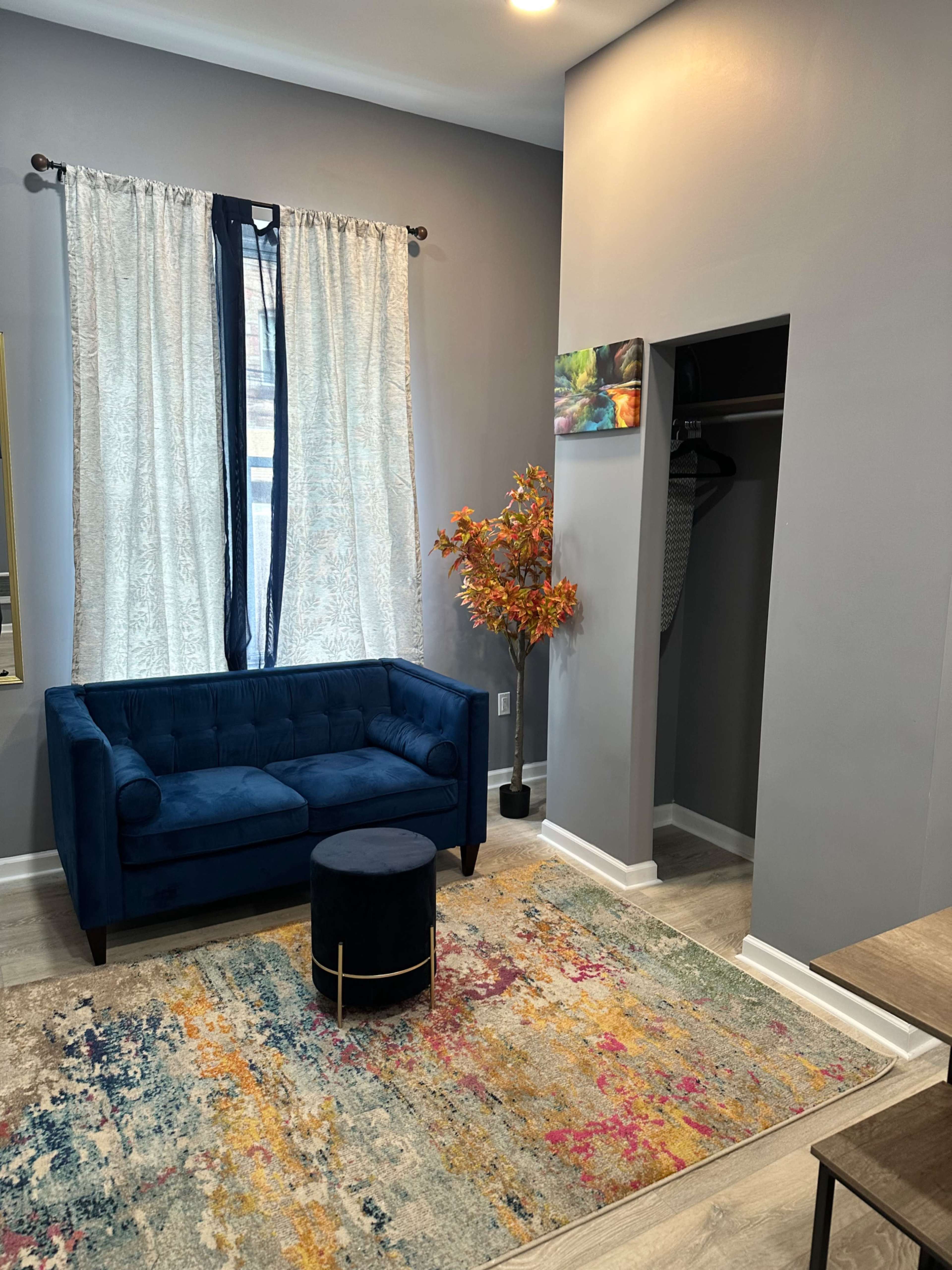 The image shows a small living room featuring a blue sofa, a round black stool, a colorful area rug, a tall window with sheer curtains, and a closet space on the right.