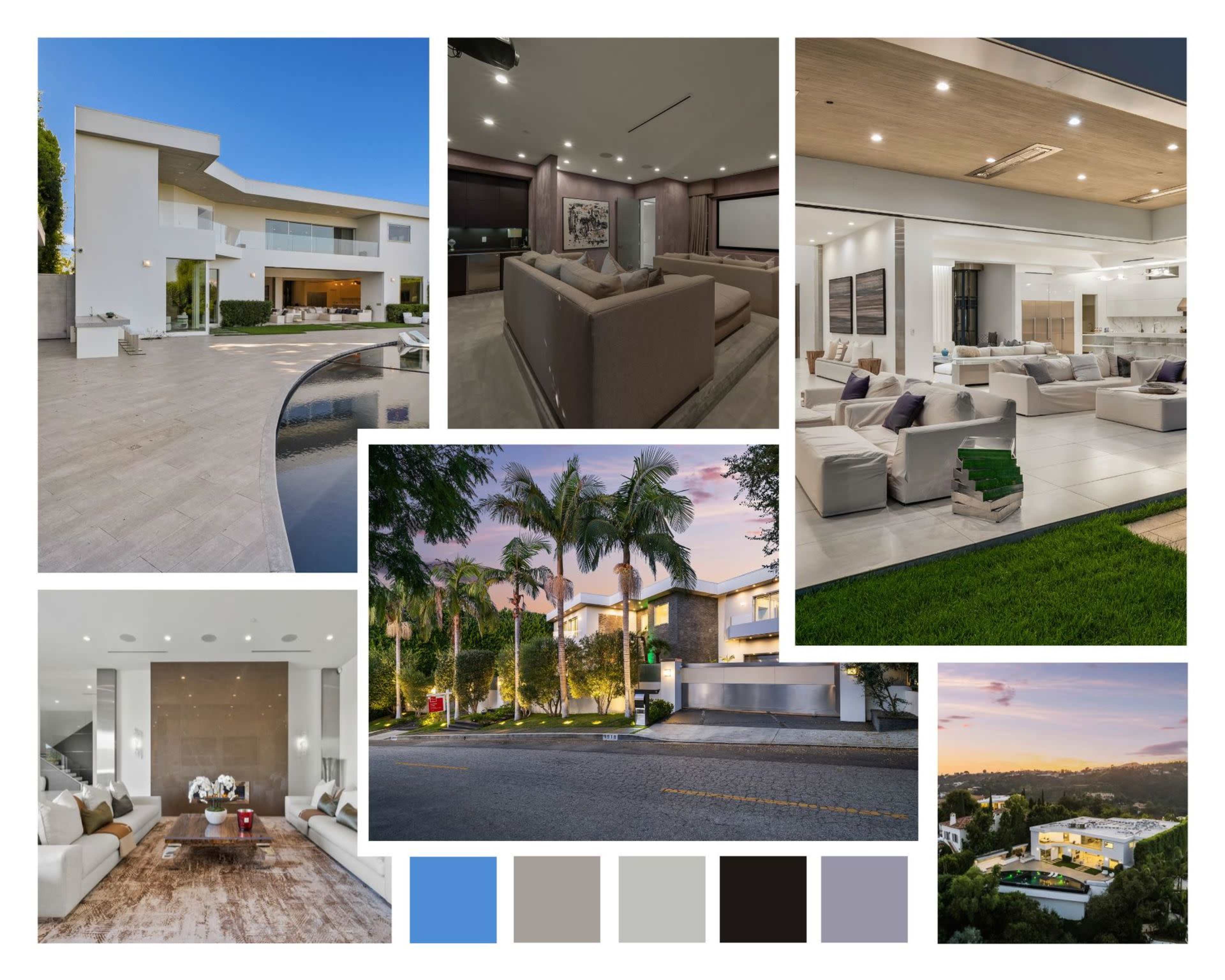 Showcases a modern luxury home with various interior and exterior views, including living spaces, a pool area, and surrounding landscaping.