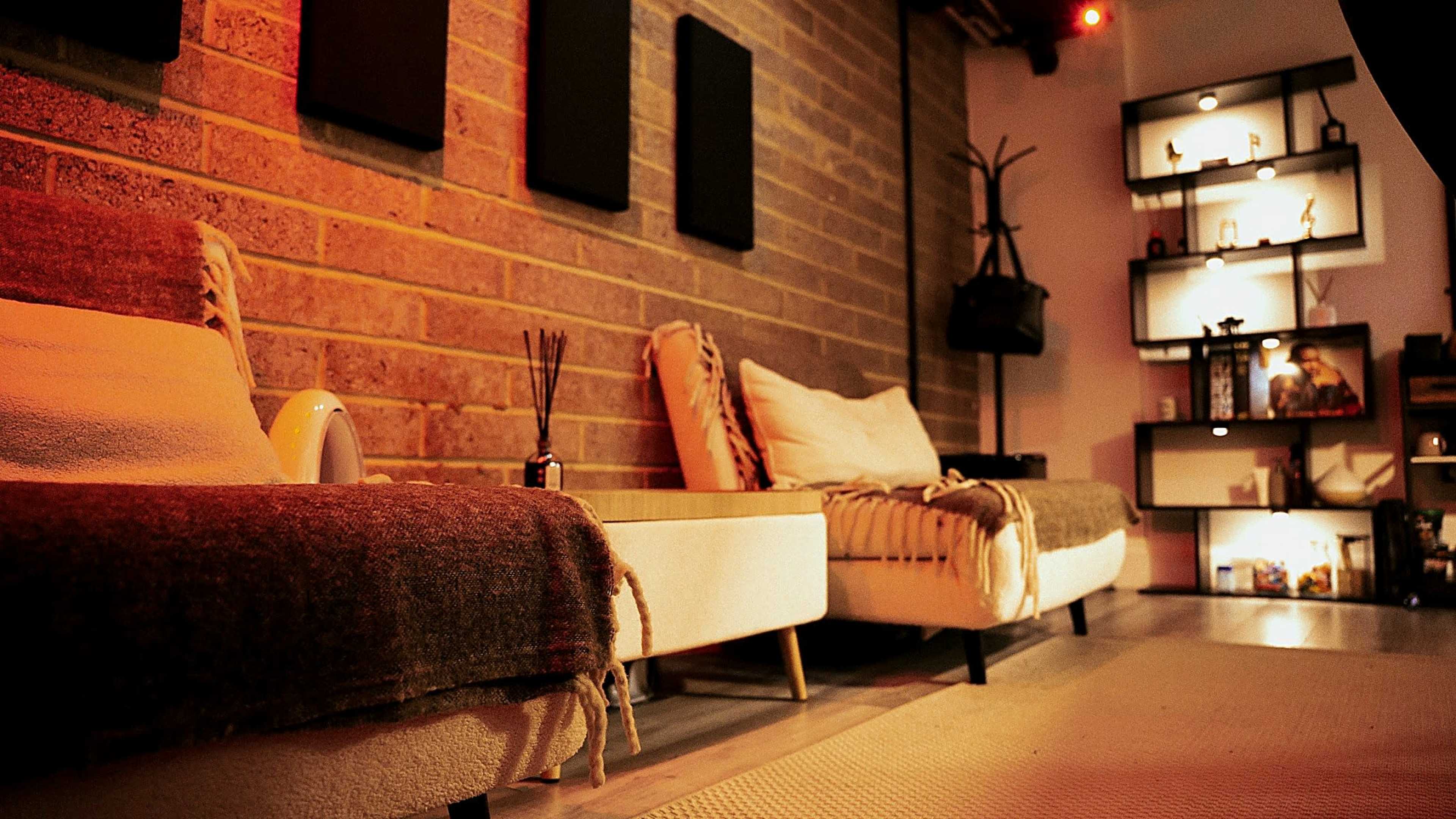 The scene features a cozy interior with two couches draped in blankets, a textured brick wall, and a modern shelving unit displaying decorative items and plants.
