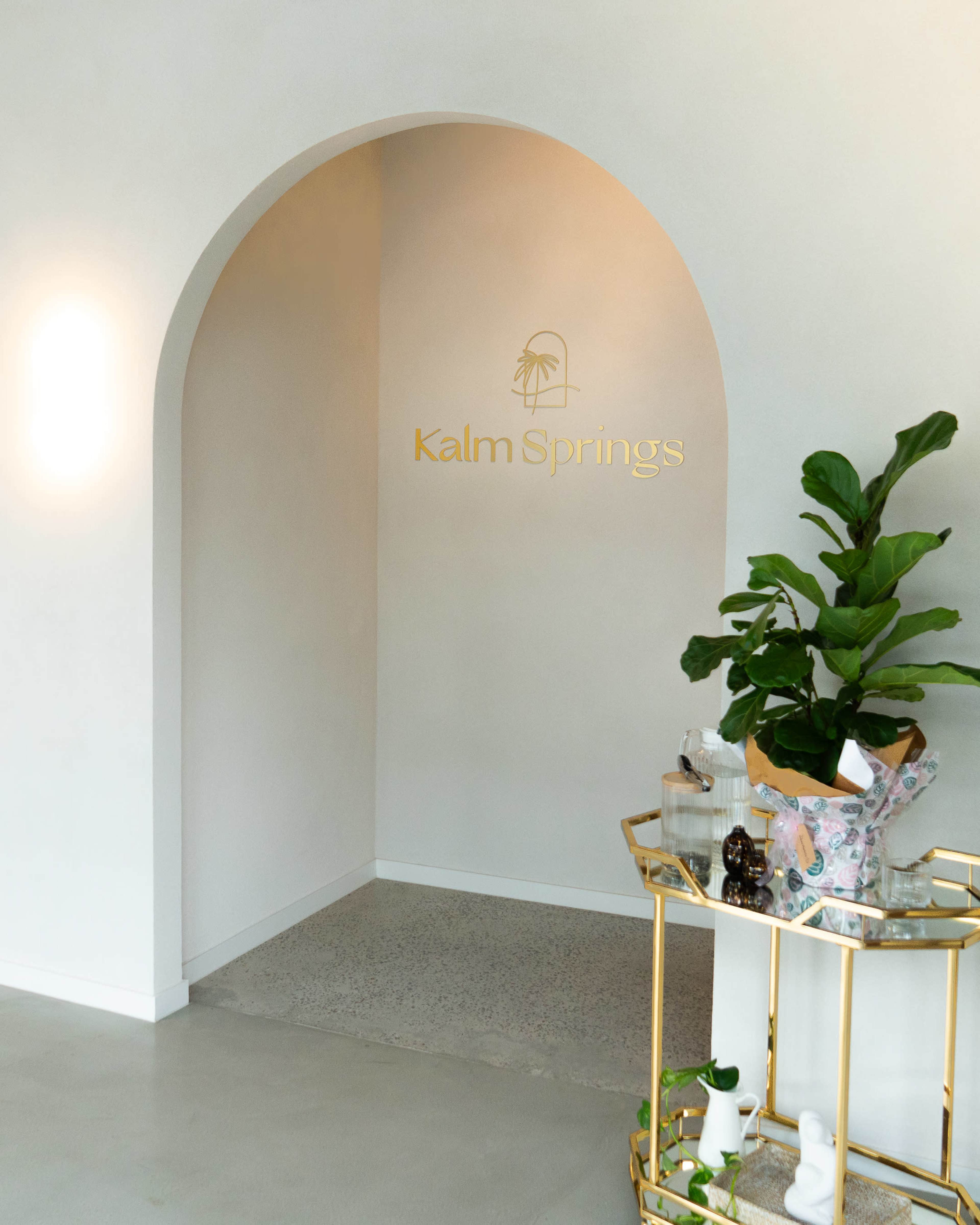 The image shows an archway leading into a wall with the sign "Kalm Springs," next to a potted plant and a cart with decorative items.