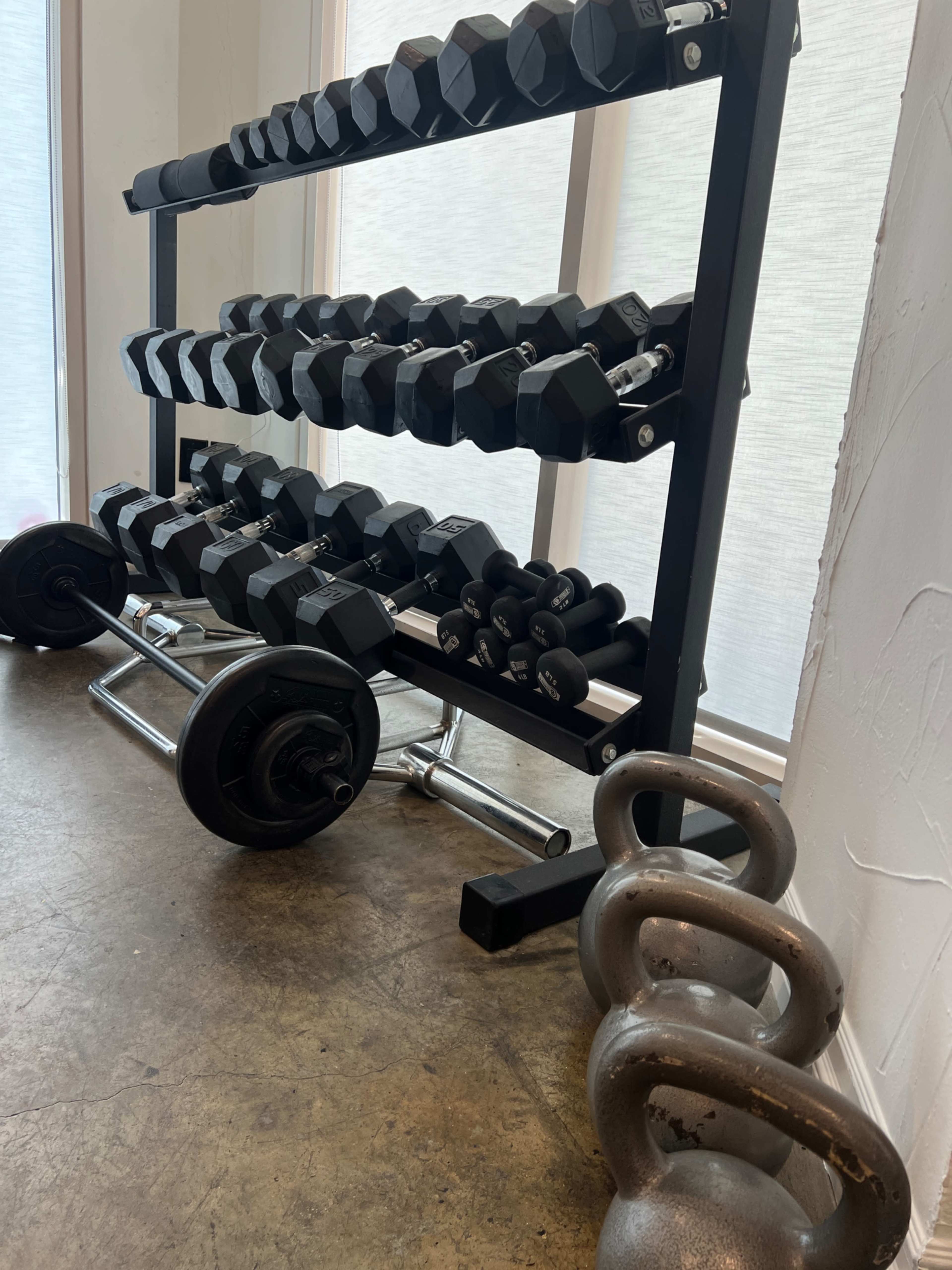 The image shows a weightlifting rack holding various dumbbells, with a set of kettlebells resting on the floor nearby.