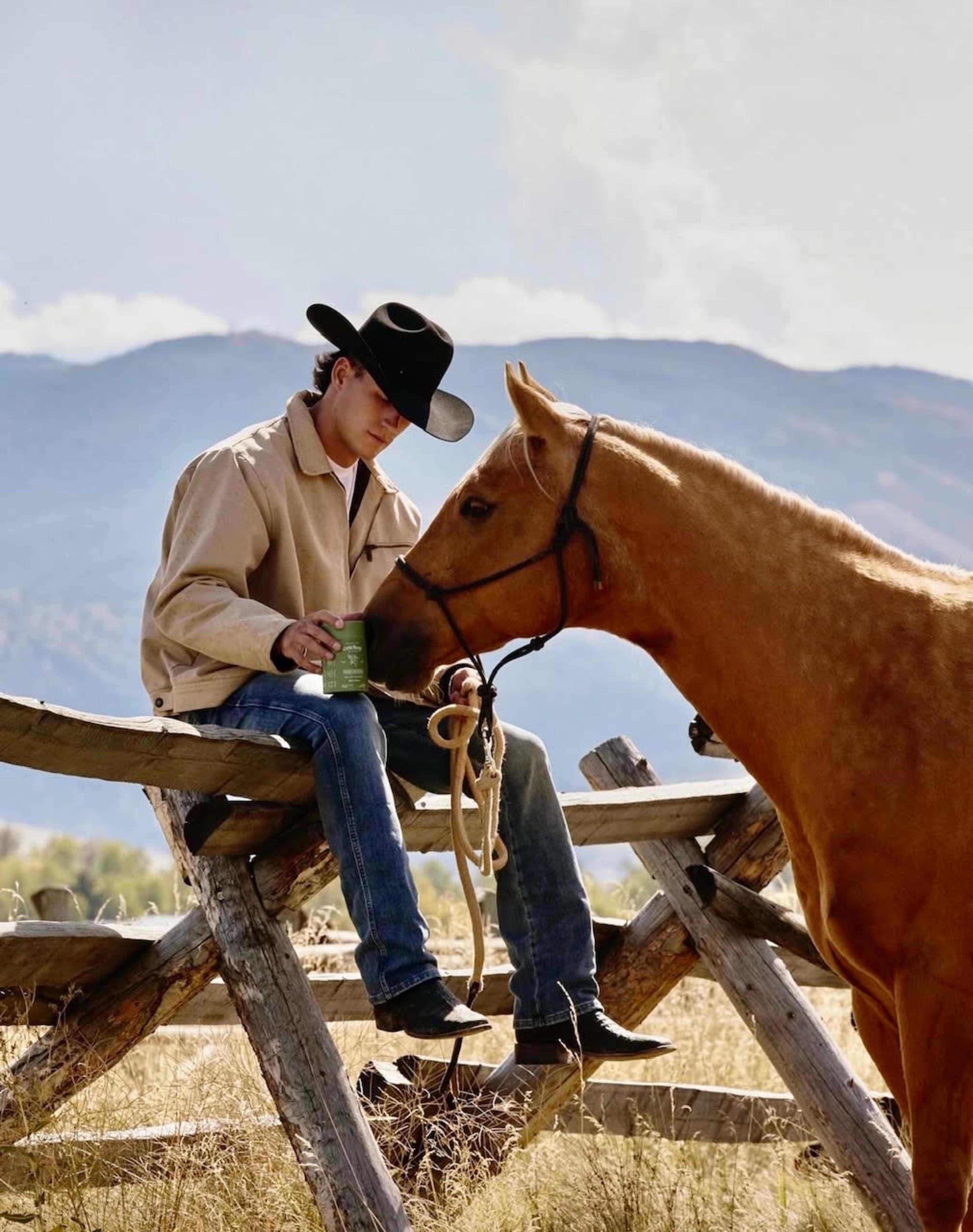 A person in a cowboy hat sits on a wooden fence next to a horse, holding a mug while overlooking a mountainous landscape.