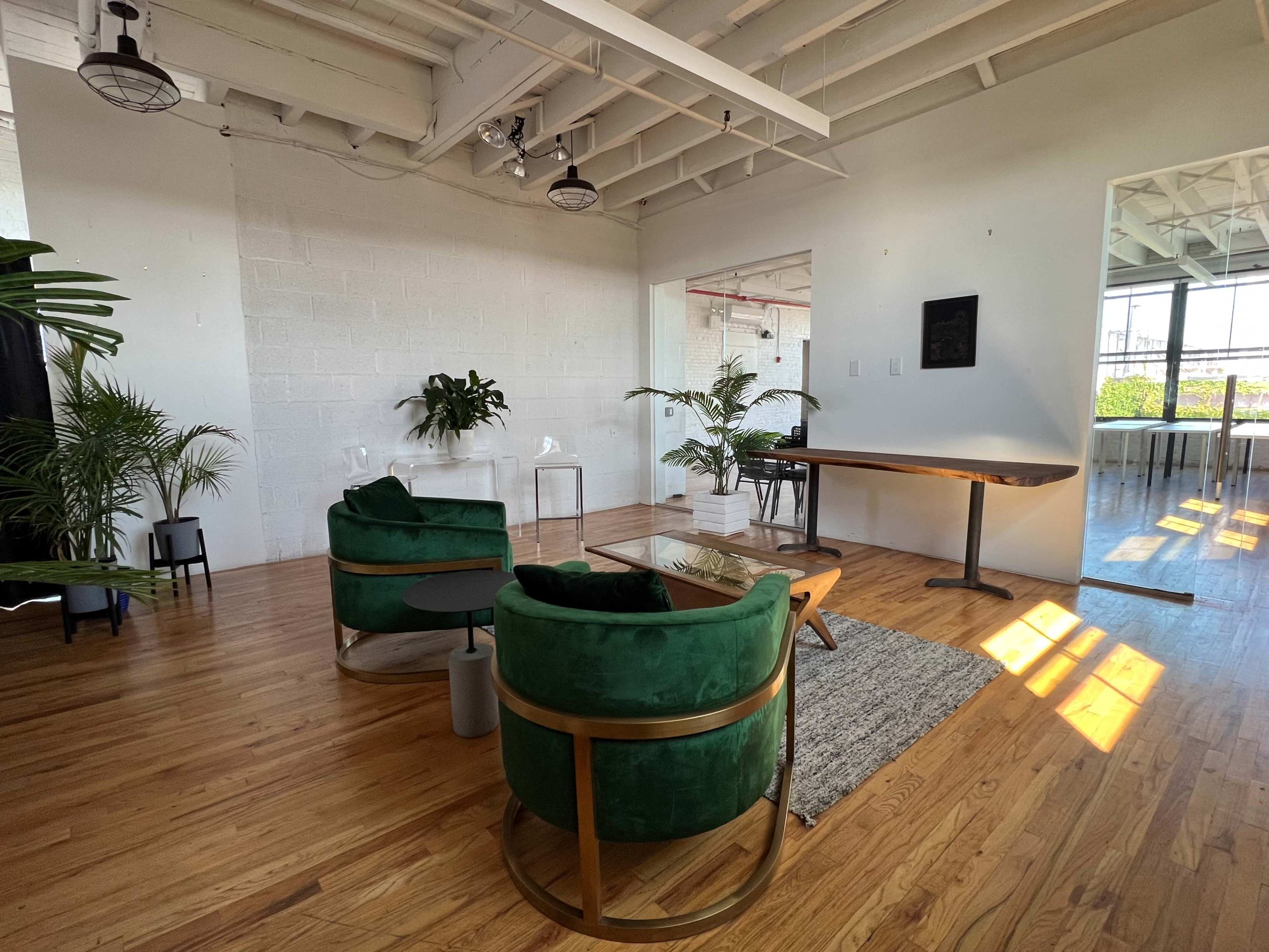 The image shows a modern, minimalist office space featuring green upholstered chairs, wooden flooring, and several plants.