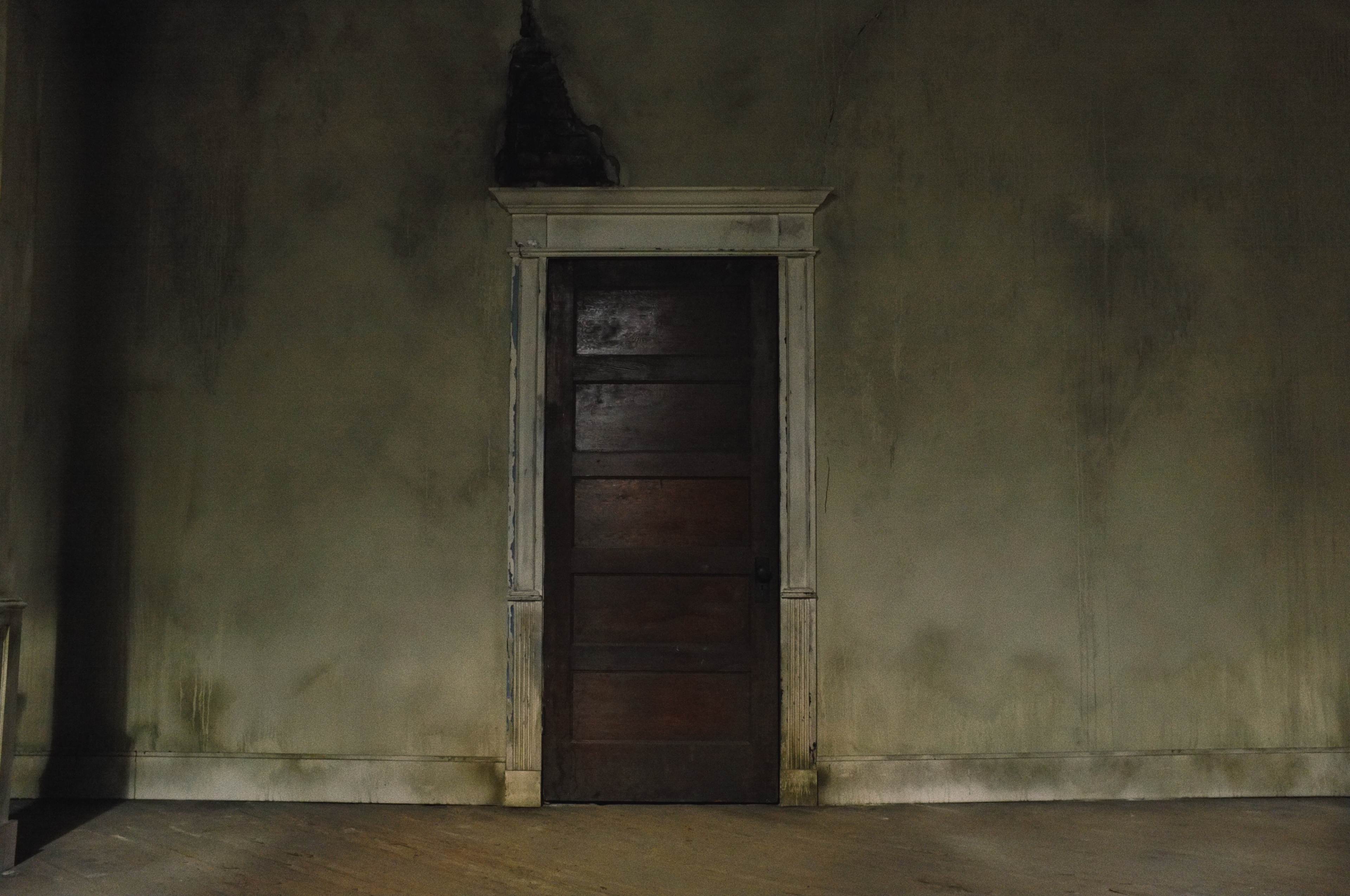 A dark wooden door set within a weathered wall, with a small section of brick visible above the door frame.