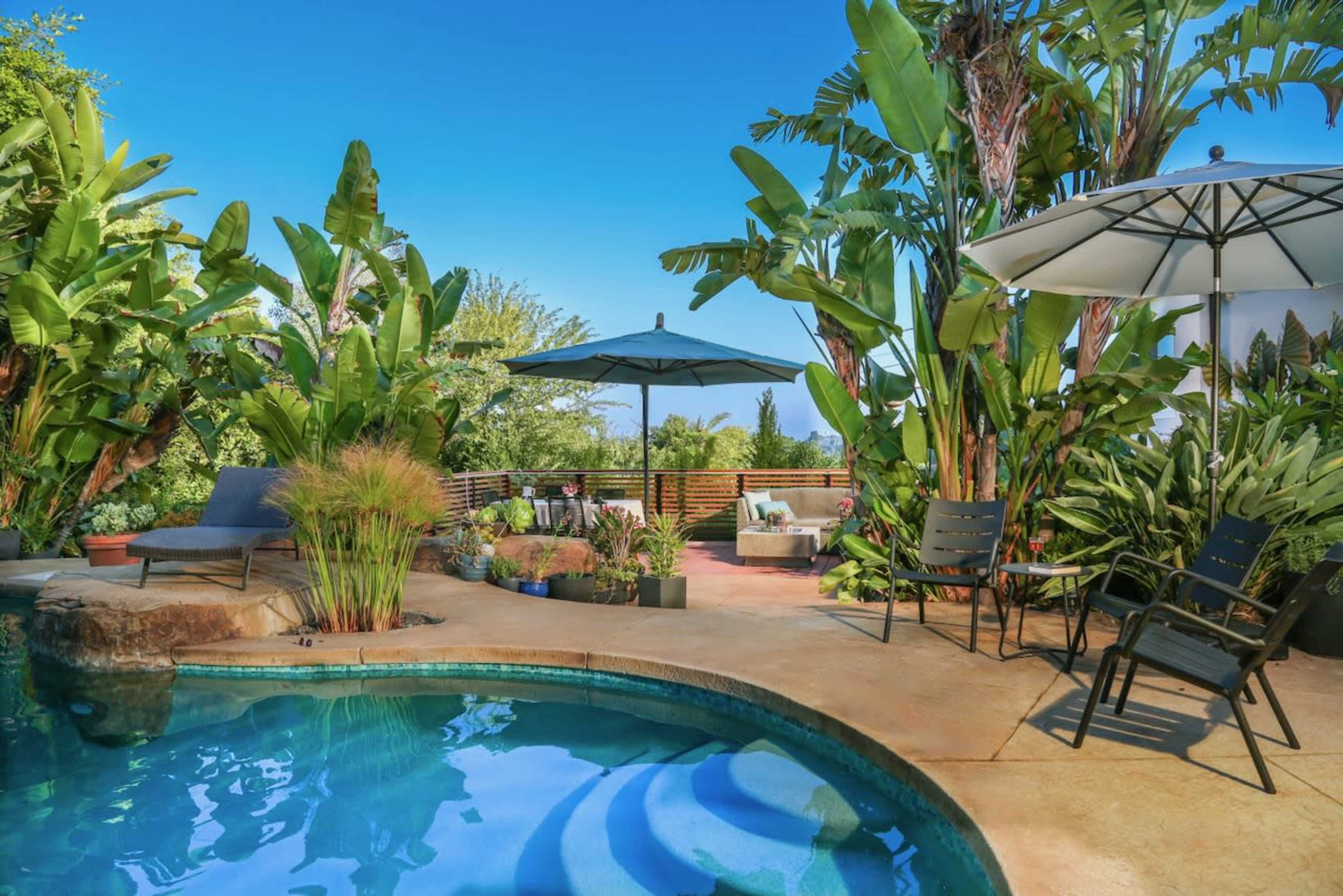 A swimming pool is surrounded by tropical vegetation and patio furniture, including umbrellas and lounge chairs.