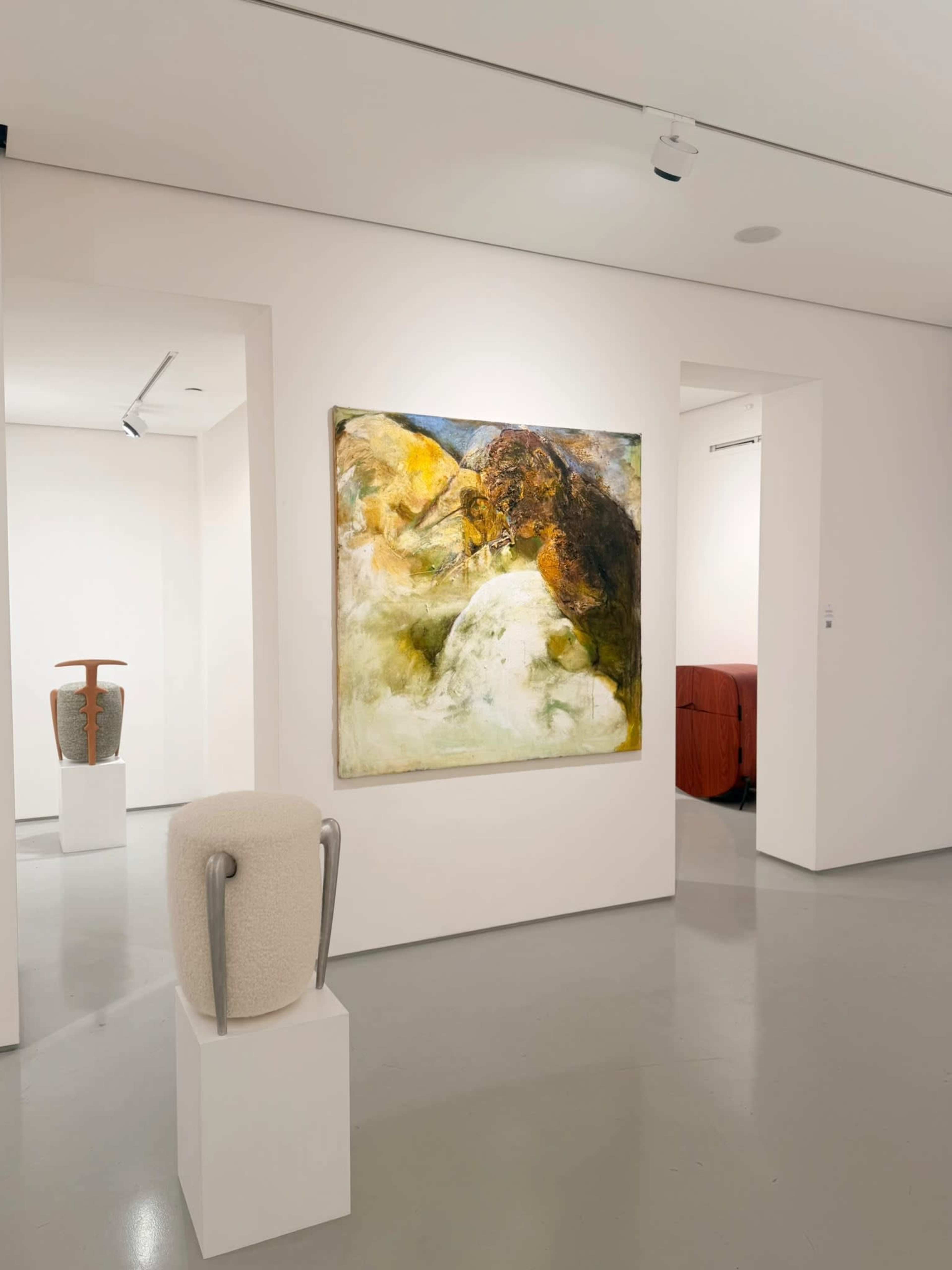 The image depicts a modern art gallery showcasing a large abstract painting on the wall, with a sculptural vase on a pedestal in the foreground.