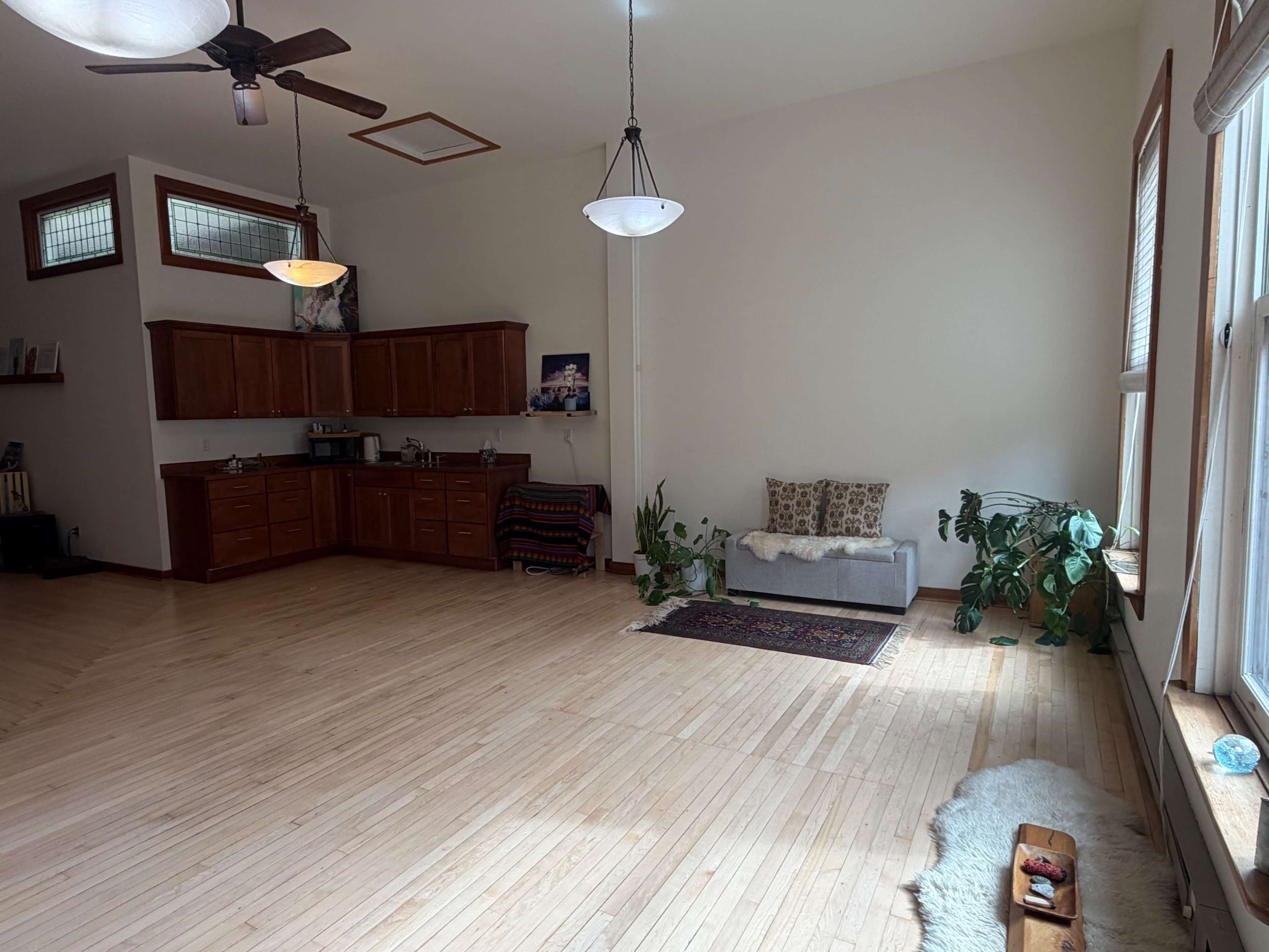 The image shows a spacious, well-lit room with wooden floors, a small kitchenette at one end, and a simple seating area with plants.