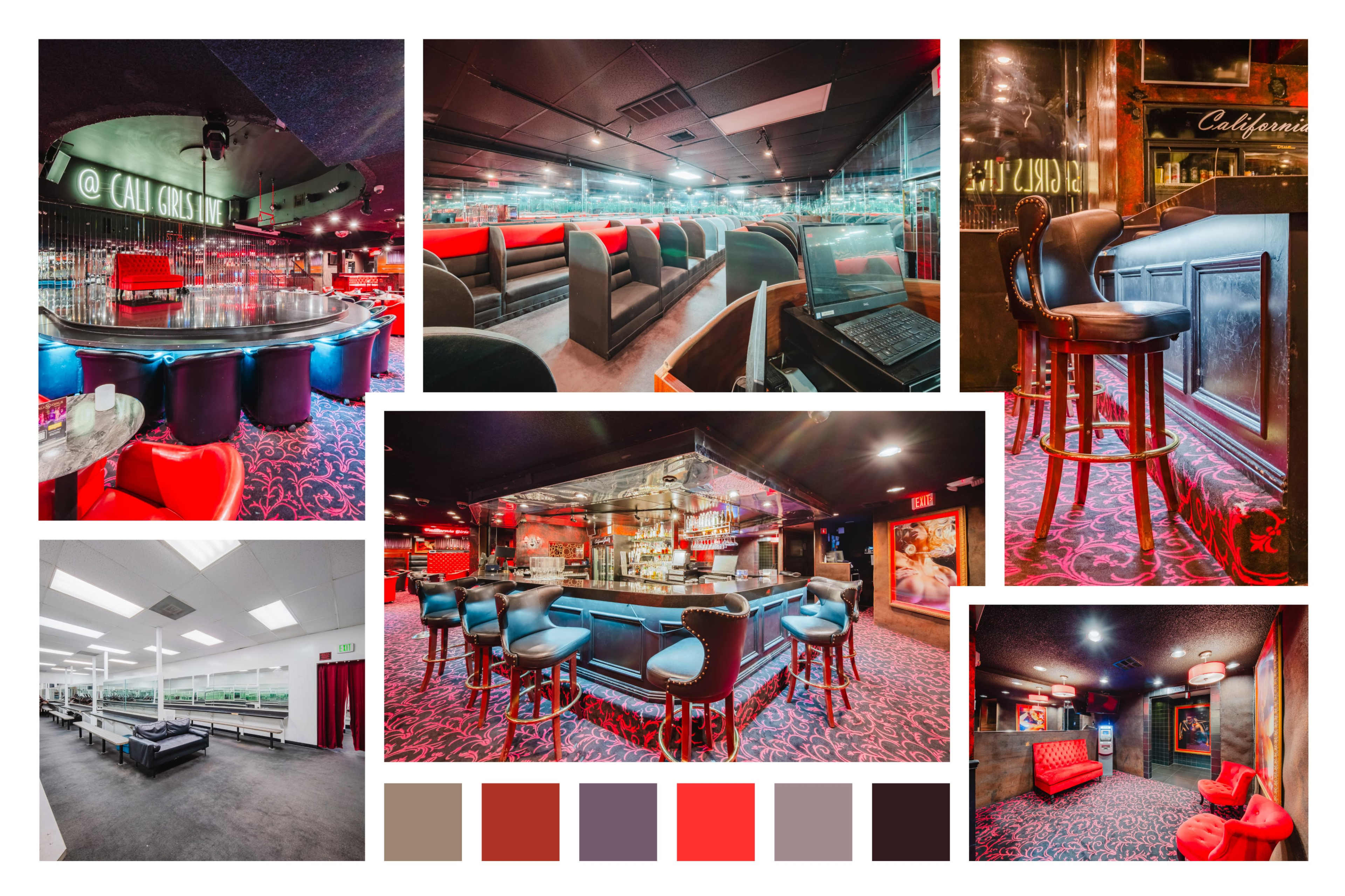 The image showcases a stylish lounge or bar with red and black decor, featuring seating areas, a central bar, and illuminated surfaces.