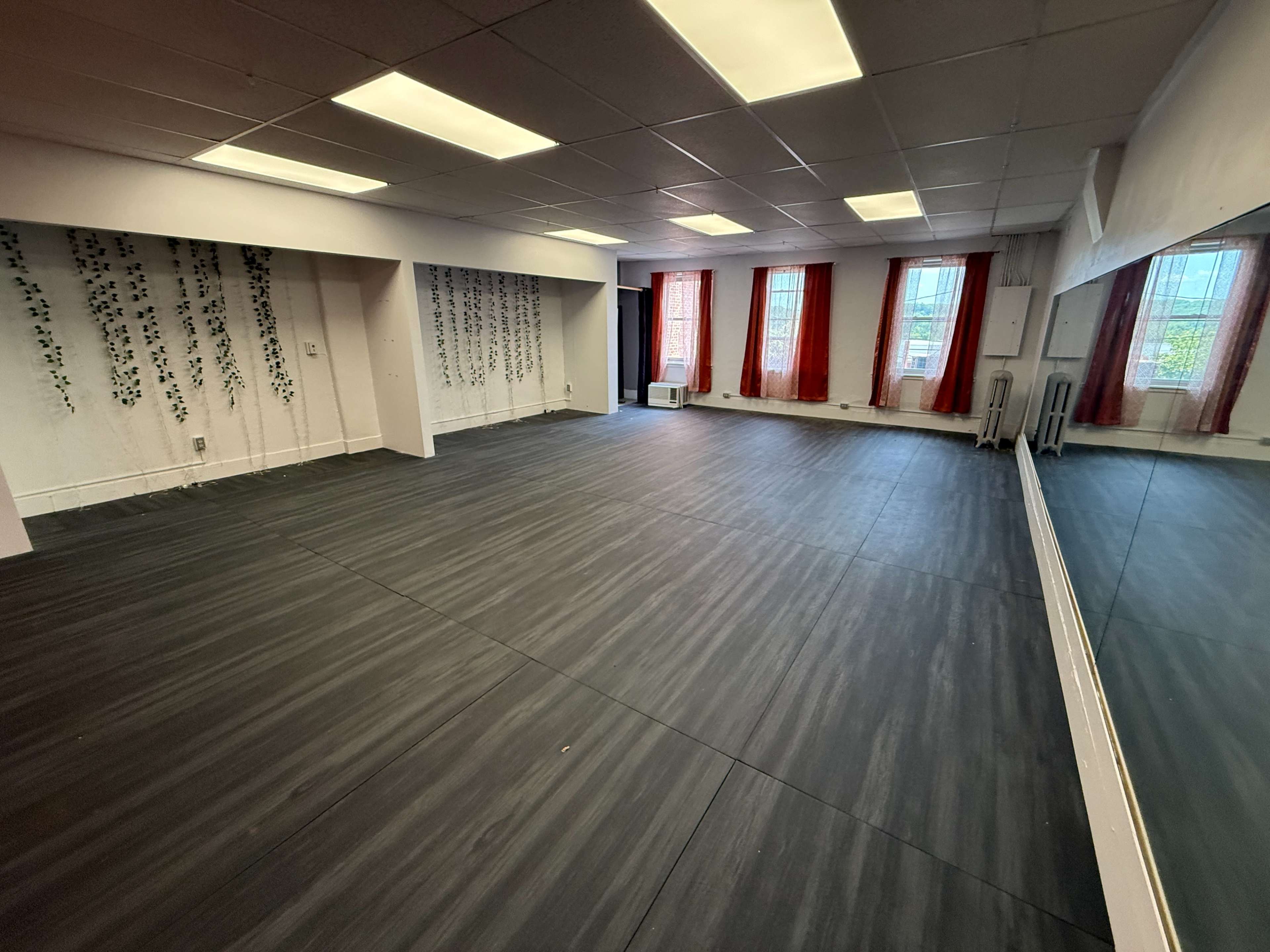 The image shows a spacious room with dark flooring, white walls adorned with climbing plants, and large windows dressed with red curtains.