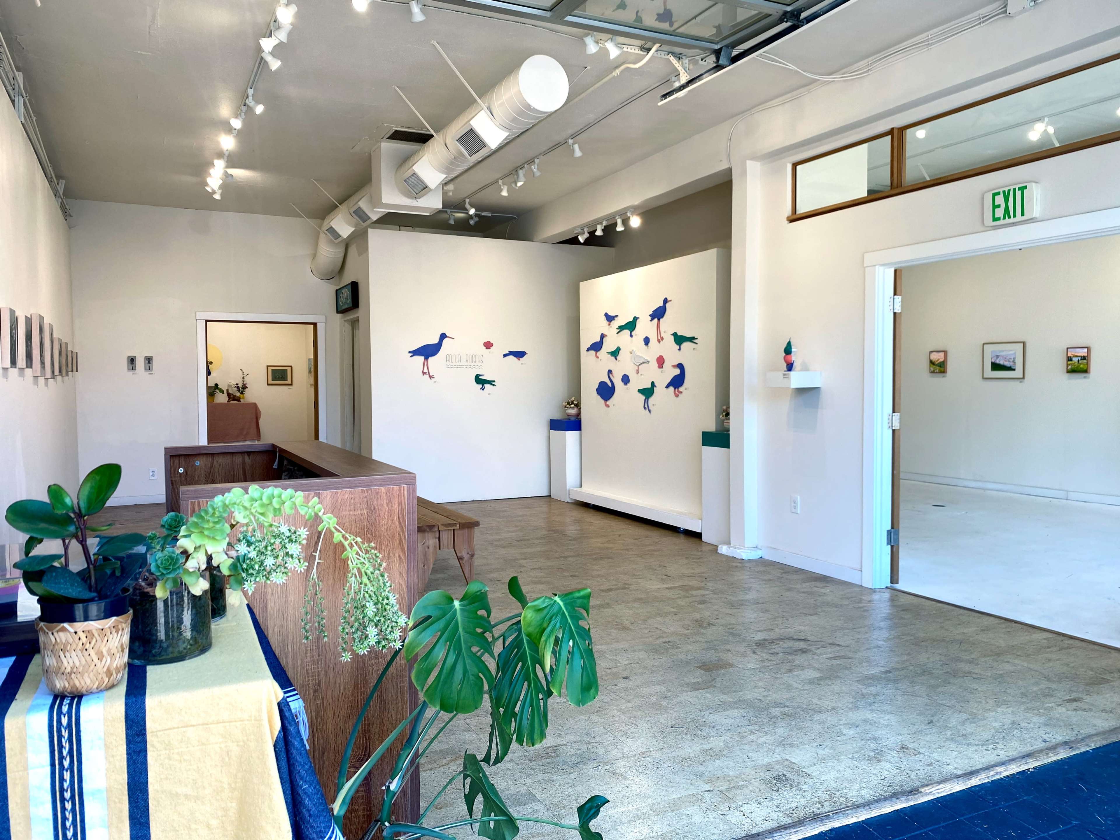 The image shows an art gallery featuring white walls, a wooden bench, and colorful bird artwork displayed on the wall.