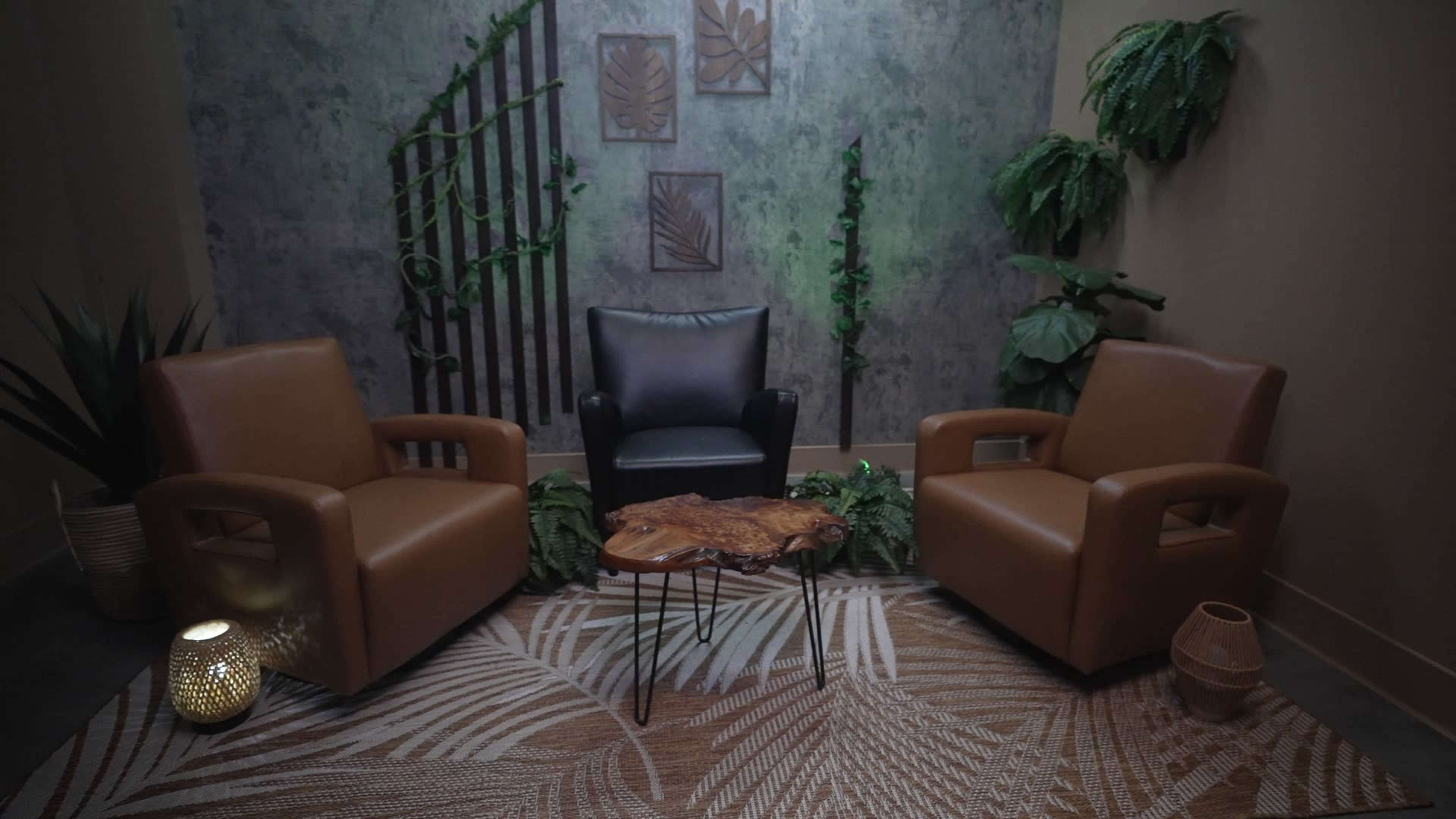 The scene features three chairs arranged around a wooden table in a green-themed corner with plants and decorative wall elements.