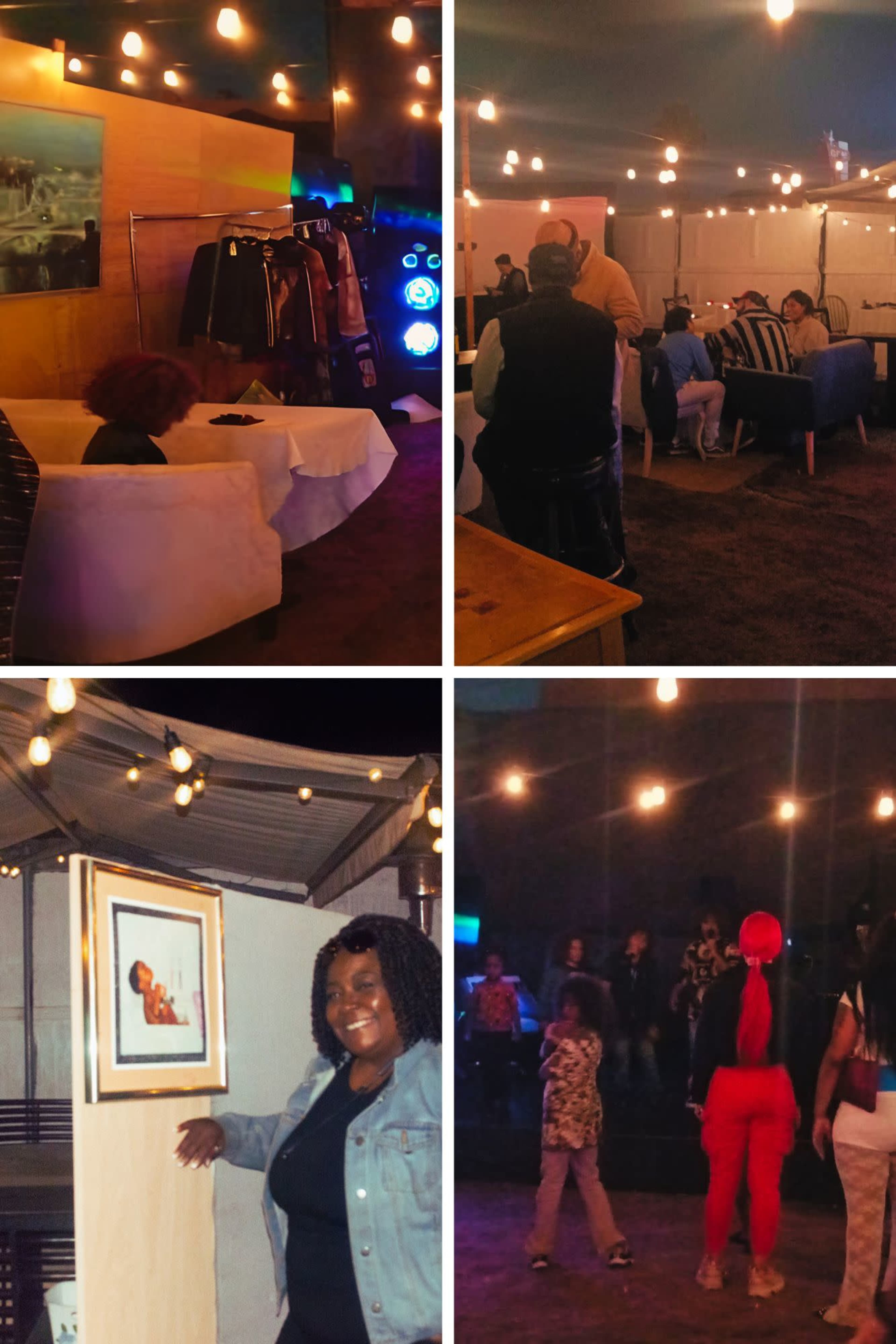 The image features a lively indoor venue with people socializing, dim lighting, and decorative string lights, punctuated by a gallery of artwork and various seating arrangements.